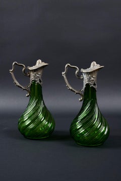 Late 19th Century Pair of Victorian Green Glass Claret Jugs