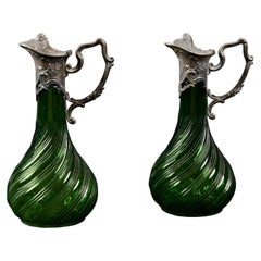 Late 19th Century Pair of Victorian Green Glass Claret Jugs