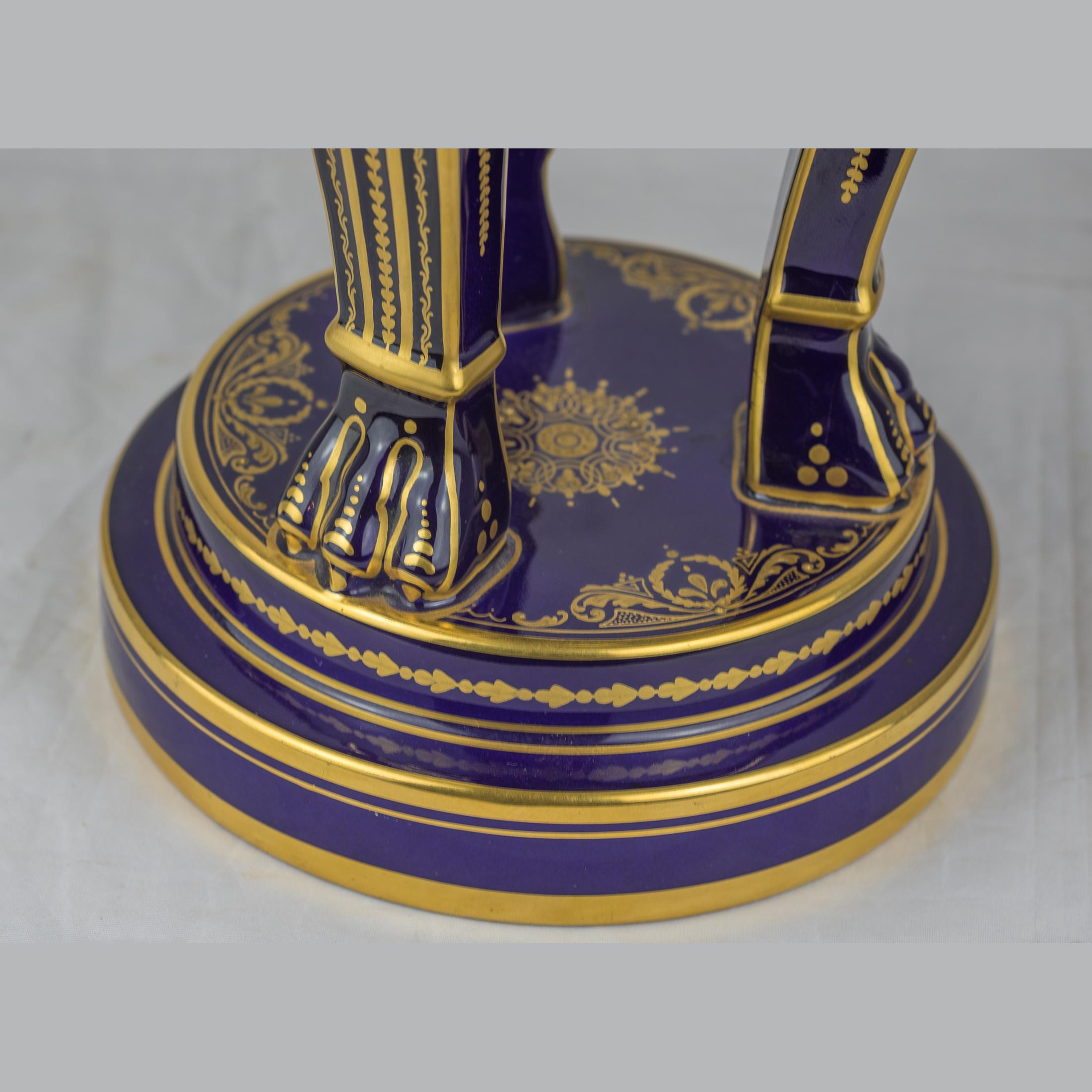 Pair of Vienna Style Porcelain Gilt and Cobalt-Blue Ground Vases For Sale 1