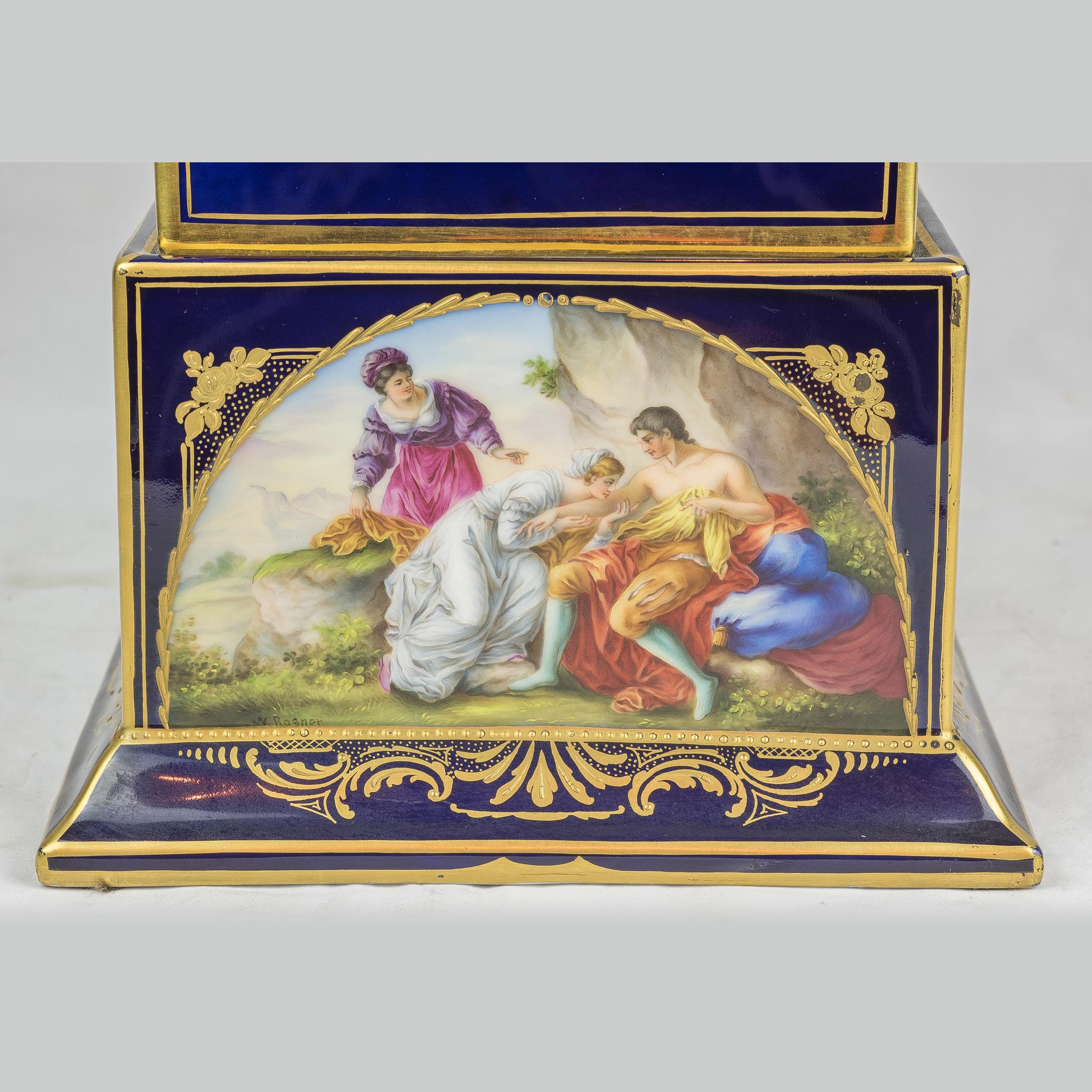 Late 19th Century Pair of Vienna Style Porcelain Gilt and Cobalt-Blue Ground Vas For Sale 3