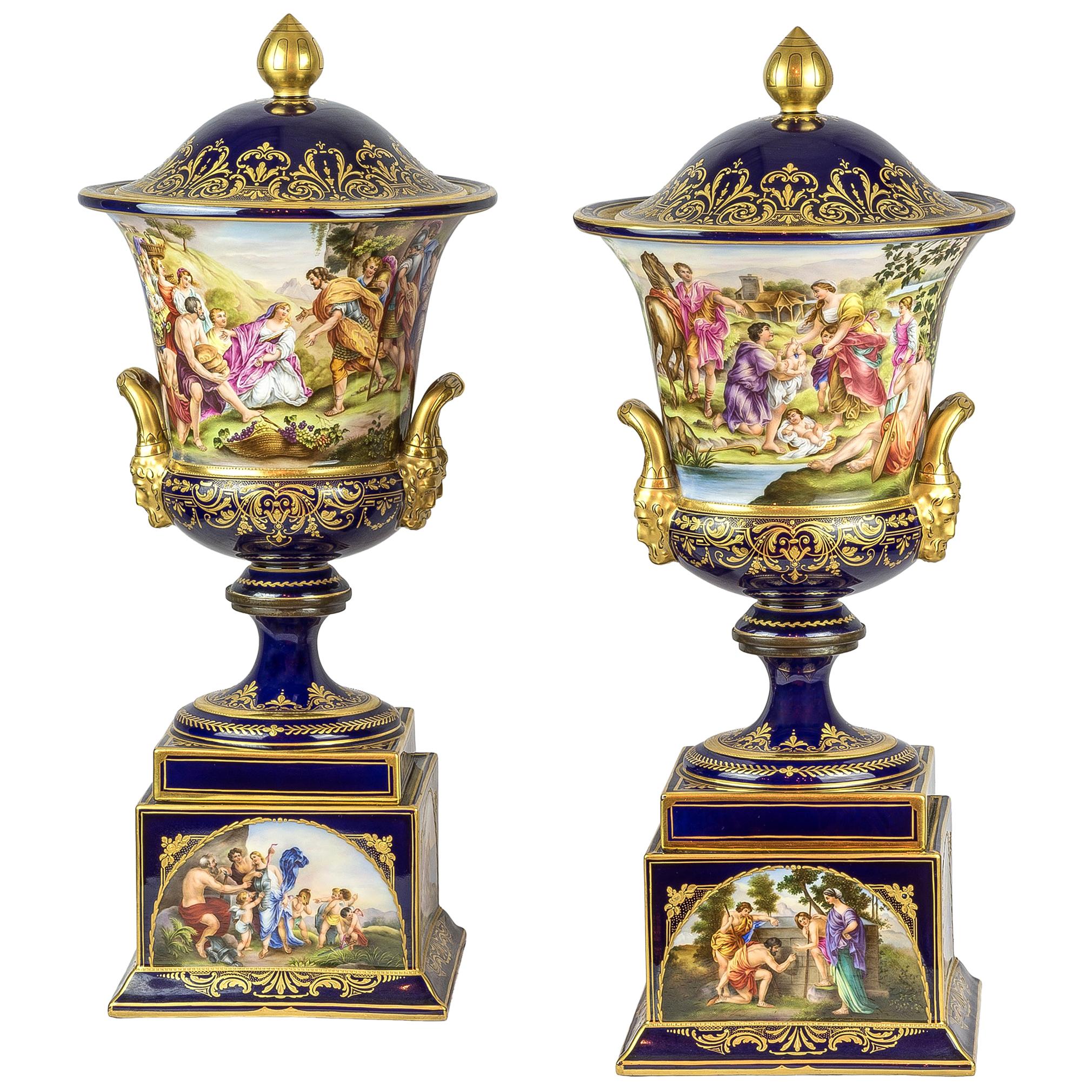Late 19th Century Pair of Vienna Style Porcelain Gilt and Cobalt-Blue Ground Vas For Sale