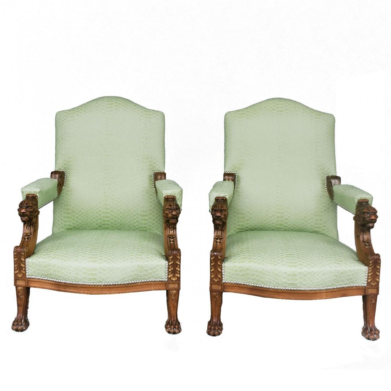 Late 19th Century Pair of Walnut Armchairs with Lion and Claw Feet