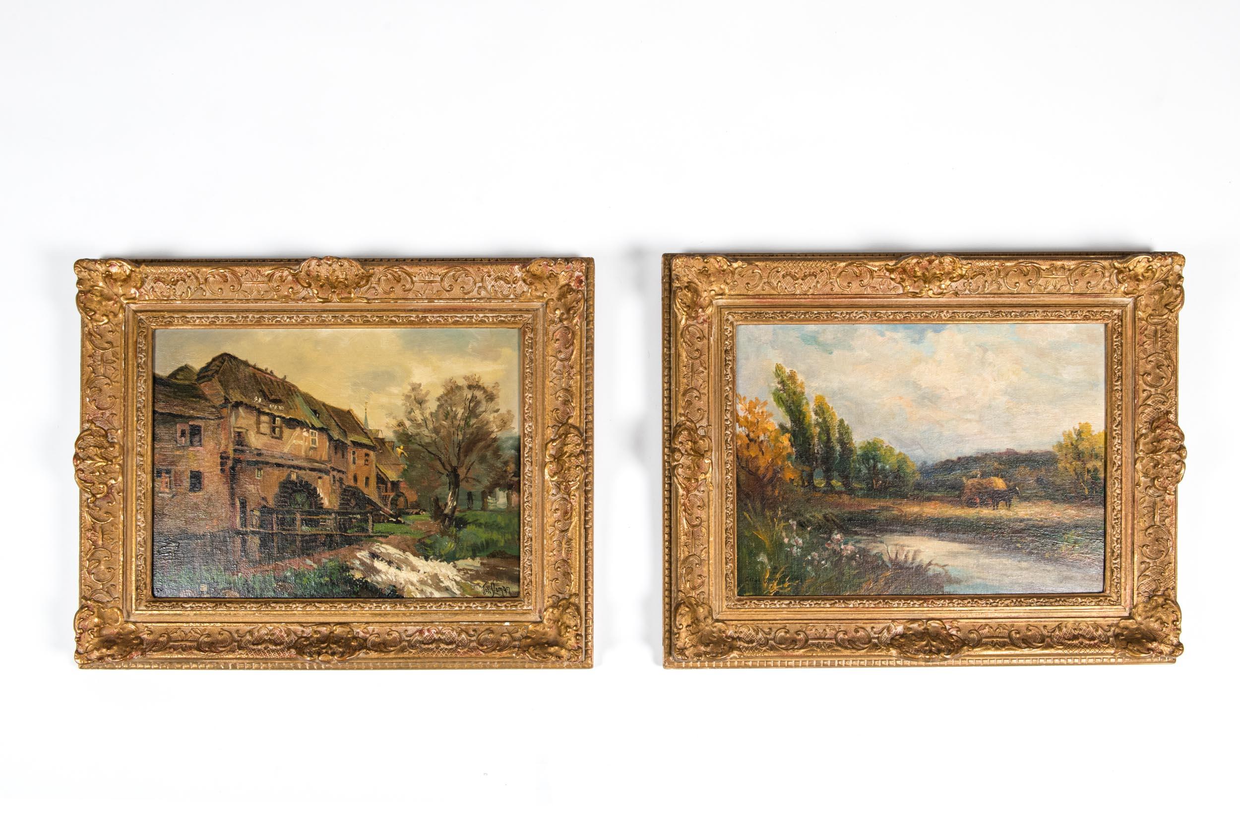 Antique pair late 19th century oil painting on board with gilt wood frame. Each painting is in excellent antique condition. Minor wear to the frame consistent with age or use. Artist signature on each painting lower left. Each one measure about 21