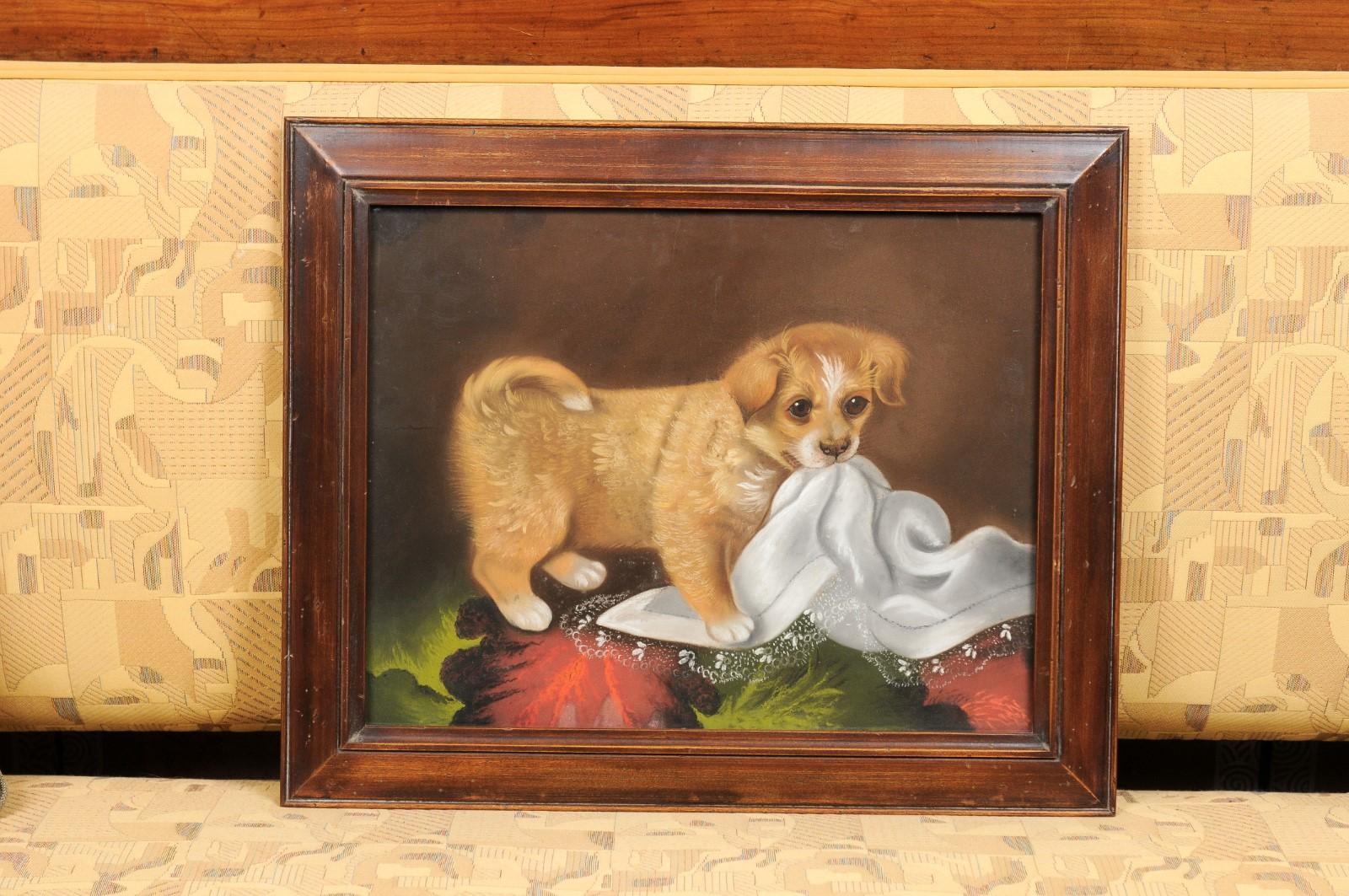 Late 19th century pastel dog portrait of puppy with tablecloth in wooden frame.