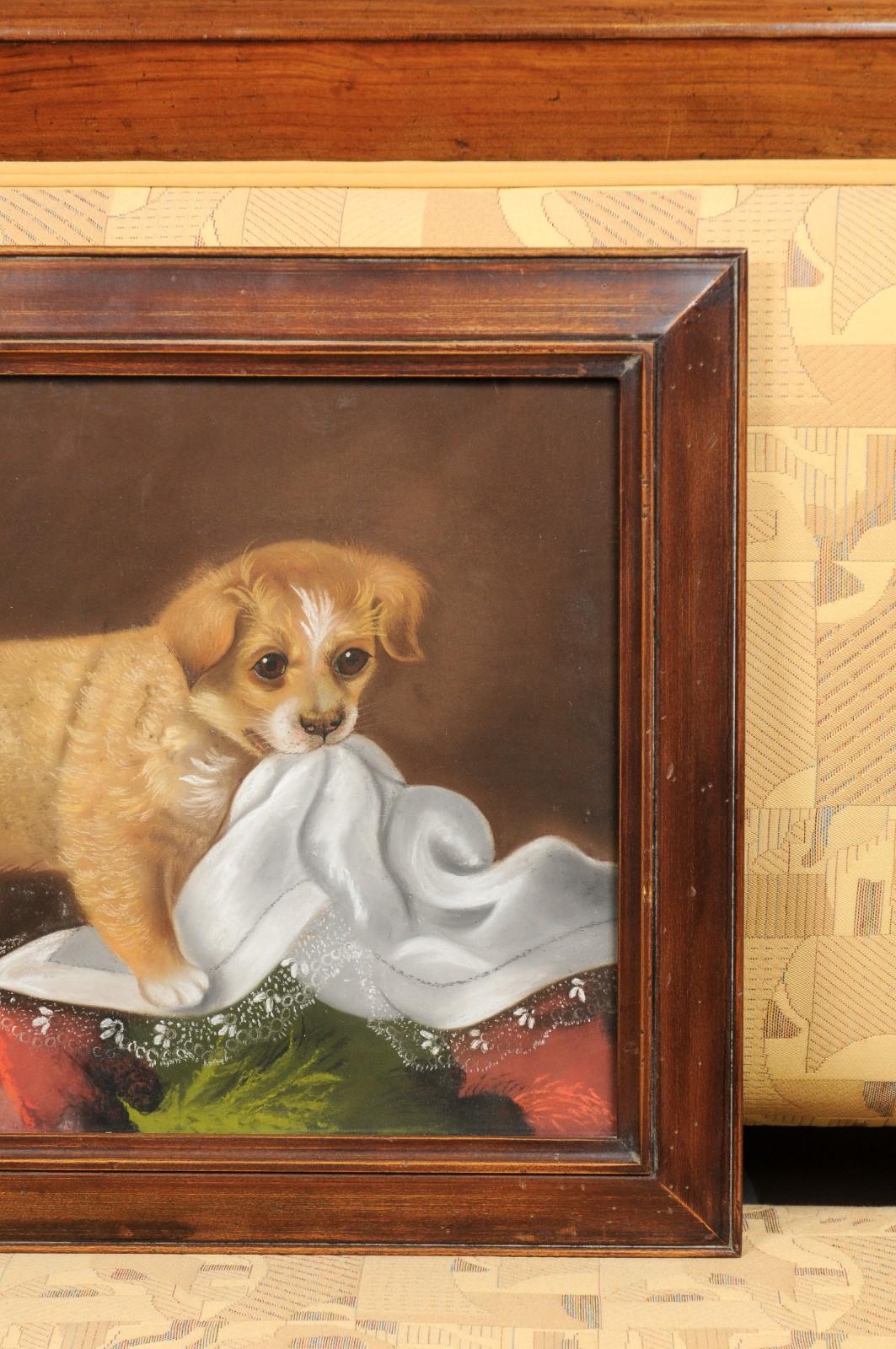 Late 19th Century Pastel Dog Portrait of Puppy with Tablecloth in Wooden Frame In Good Condition For Sale In Atlanta, GA