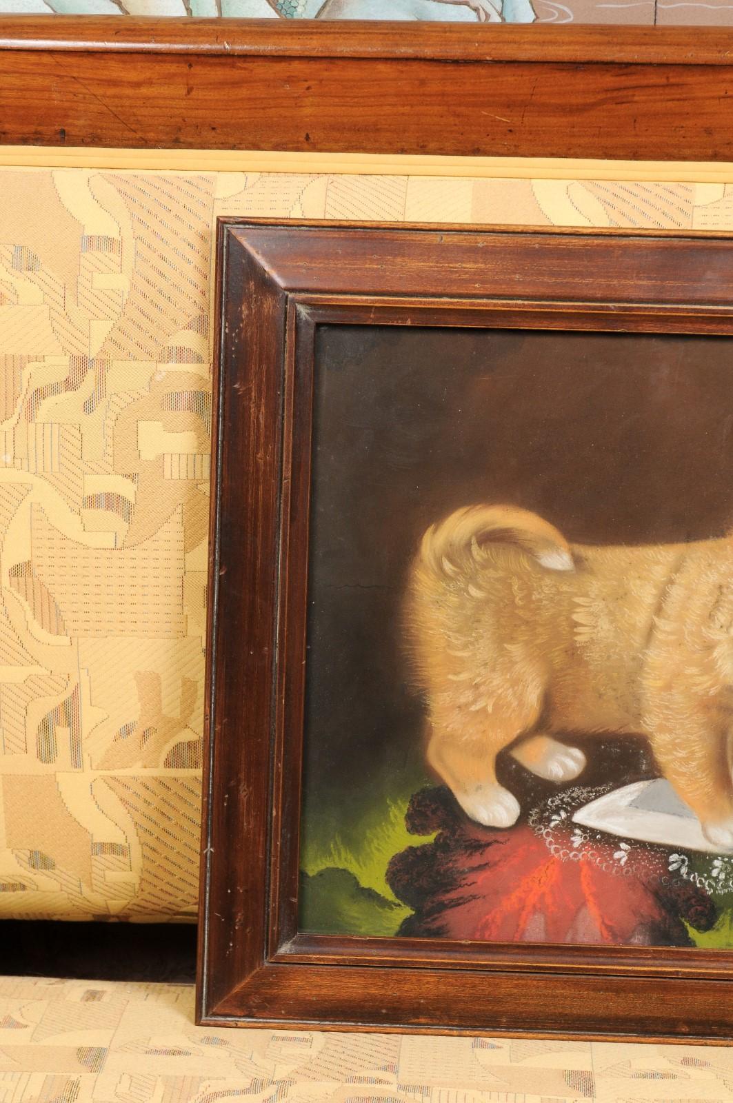 Late 19th Century Pastel Dog Portrait of Puppy with Tablecloth in Wooden Frame For Sale 1