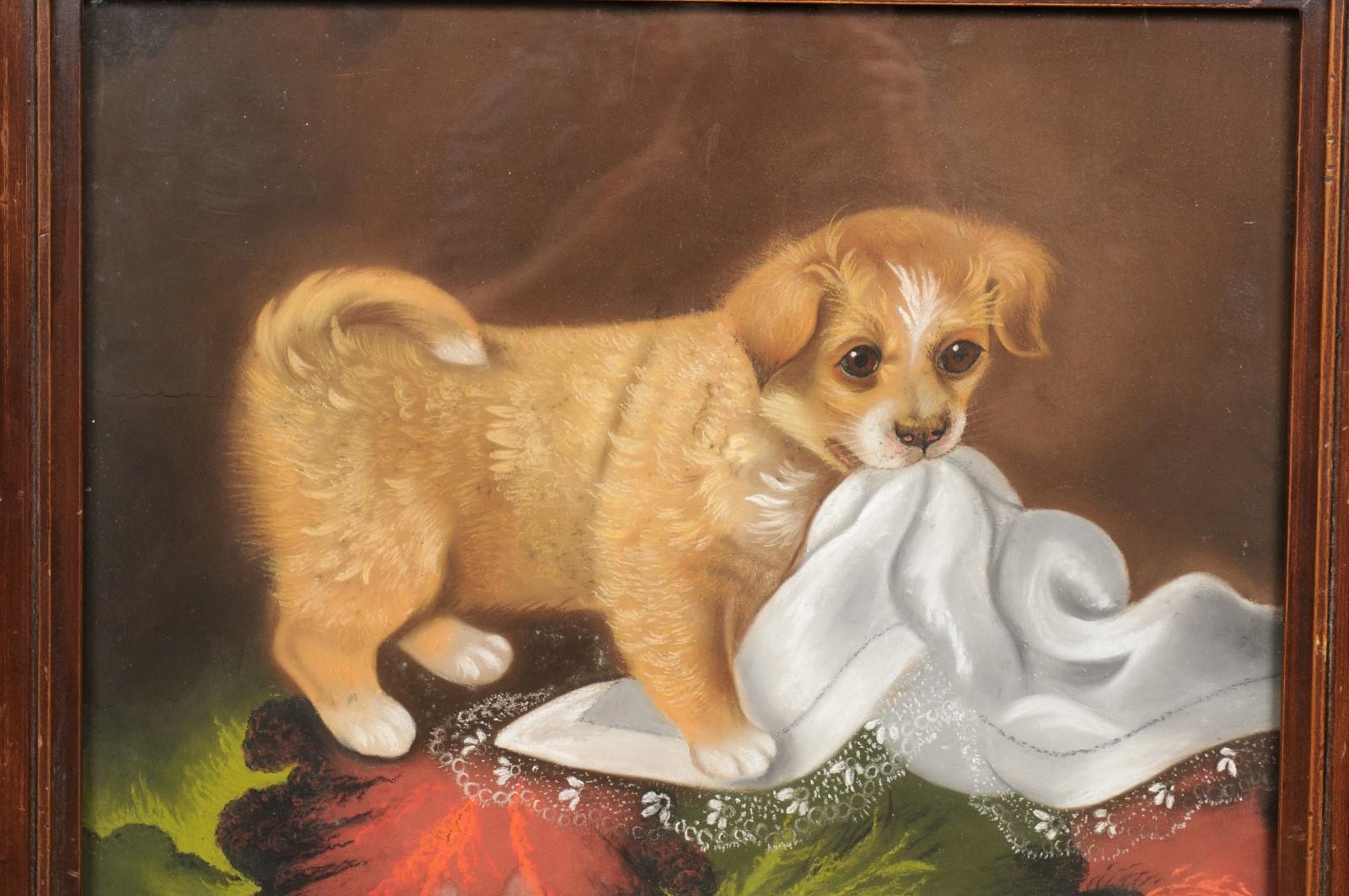 Late 19th Century Pastel Dog Portrait of Puppy with Tablecloth in Wooden Frame For Sale 2