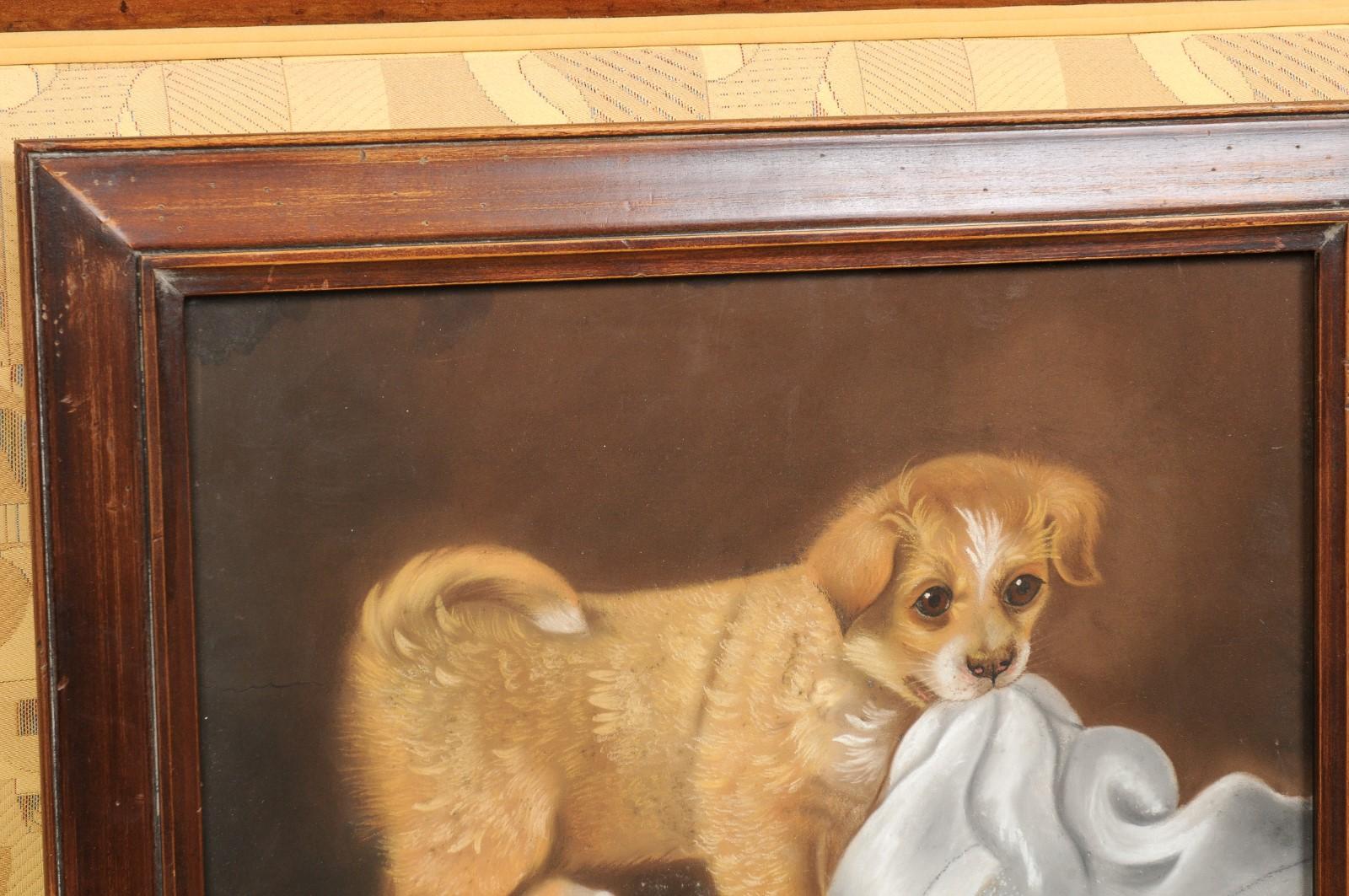 Late 19th Century Pastel Dog Portrait of Puppy with Tablecloth in Wooden Frame For Sale 3