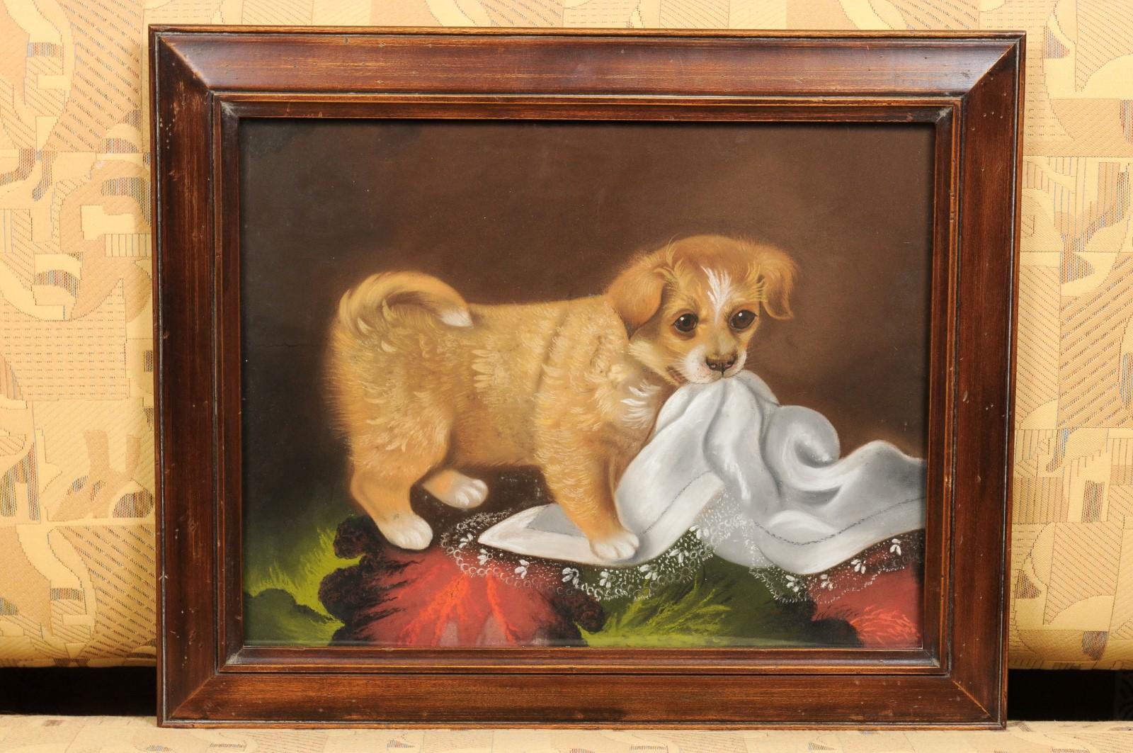 Late 19th Century Pastel Dog Portrait of Puppy with Tablecloth in Wooden Frame For Sale 4
