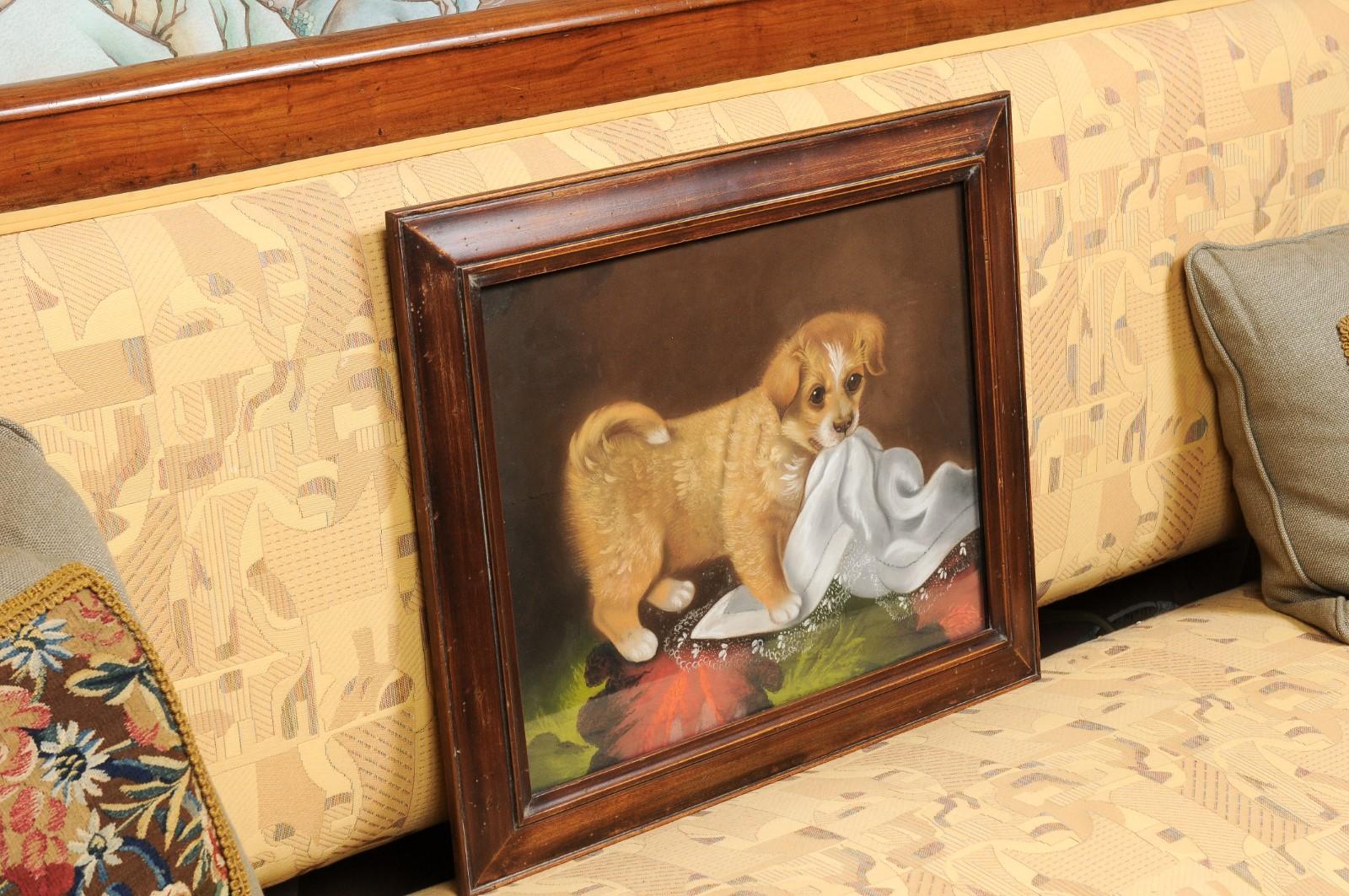 Late 19th Century Pastel Dog Portrait of Puppy with Tablecloth in Wooden Frame For Sale 5