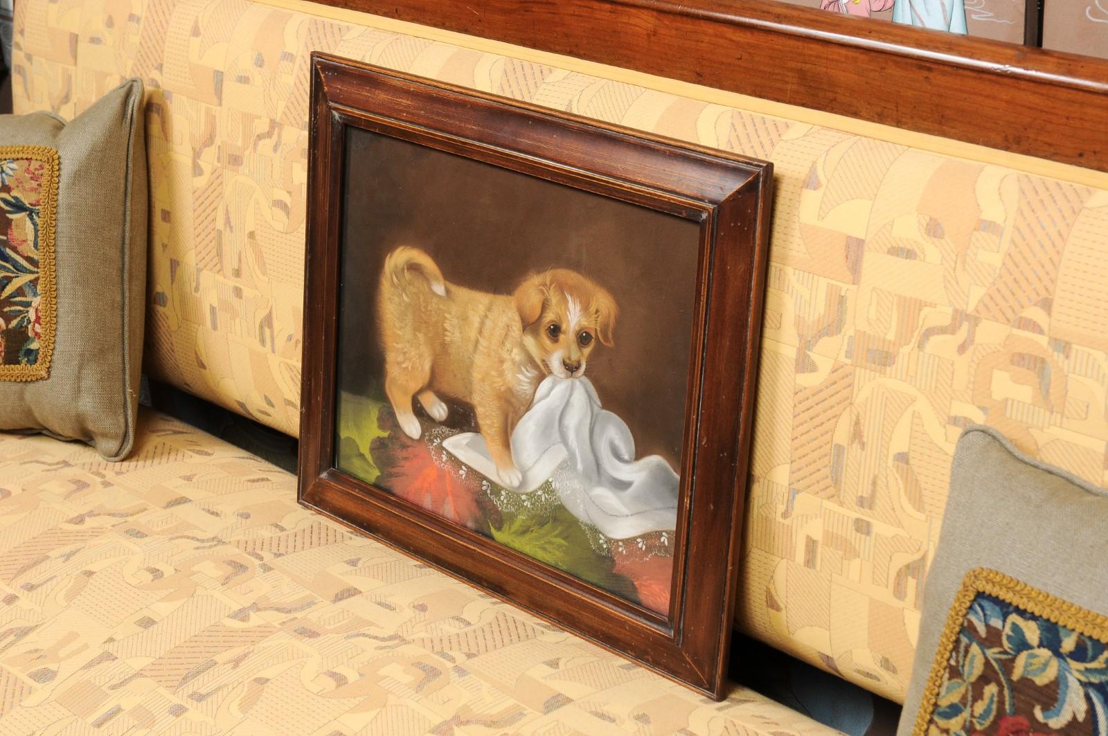 Late 19th Century Pastel Dog Portrait of Puppy with Tablecloth in Wooden Frame For Sale 6