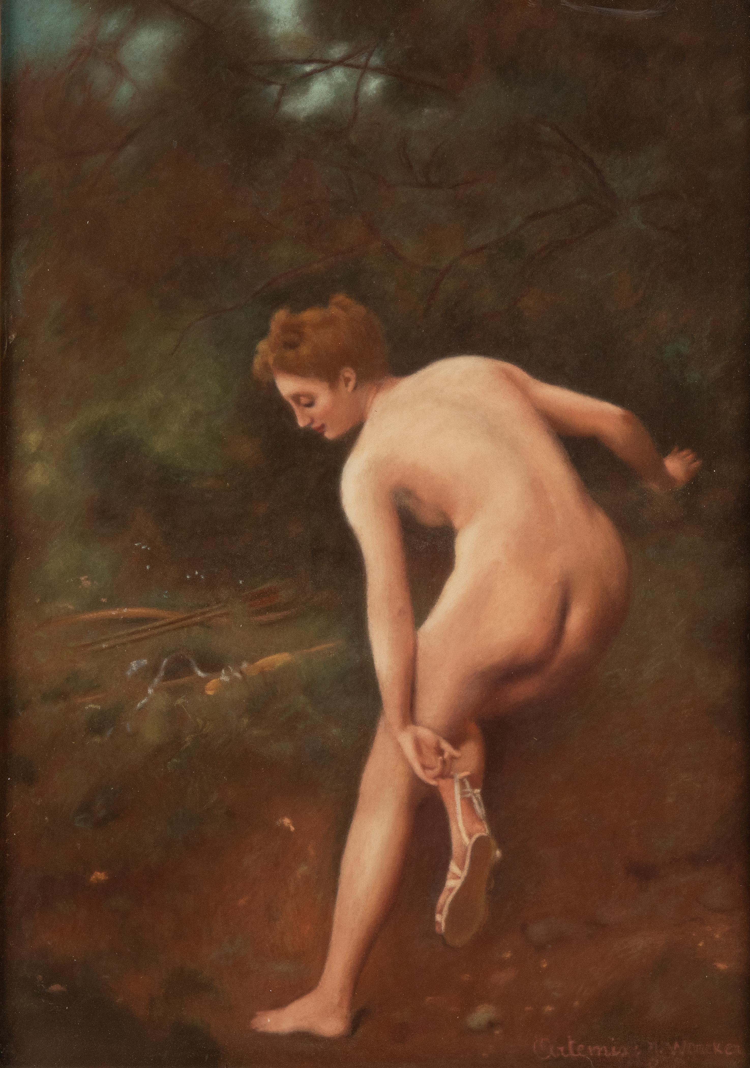 A late 19th century Pastel painting / drawing of Artémis, also know as Diana. To her left a bow and arrows. It is painted with pastel chalk on paper. In a gilded gesso on pine wood frame. Behind glass, to protect the colors and chalk. Artemis or