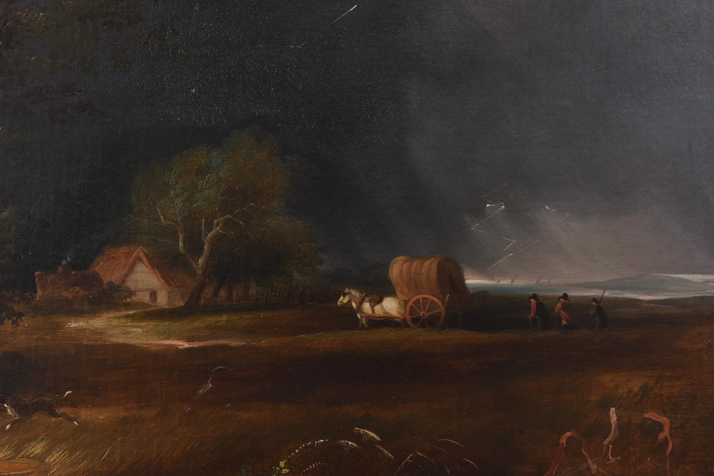 A serene pastoral oil painting from the late 19th century, depicting figures amidst a lush forest landscape with a flowing stream and a prominent fallen tree in the foreground. The intricate details and naturalistic tones create a tranquil and