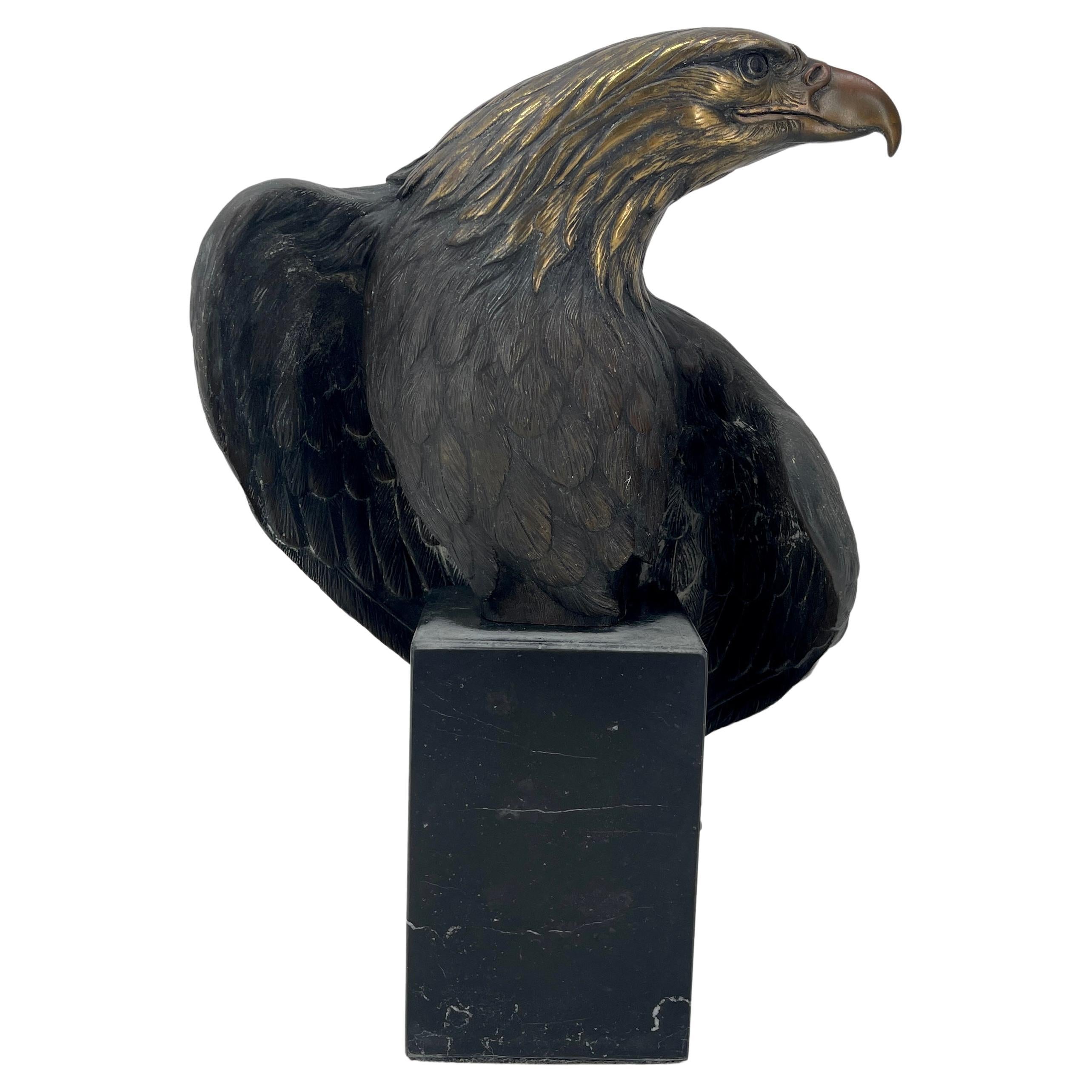 Grand aigle français sur un socle en marbre noir belge, vers 1880-1900.
Cette étonnante sculpture d'aigle est réalisée dans un bronze massif qui a conservé sa patine d'origine. La tête et les épaules de l'aigle présentent une usure imbattable due
