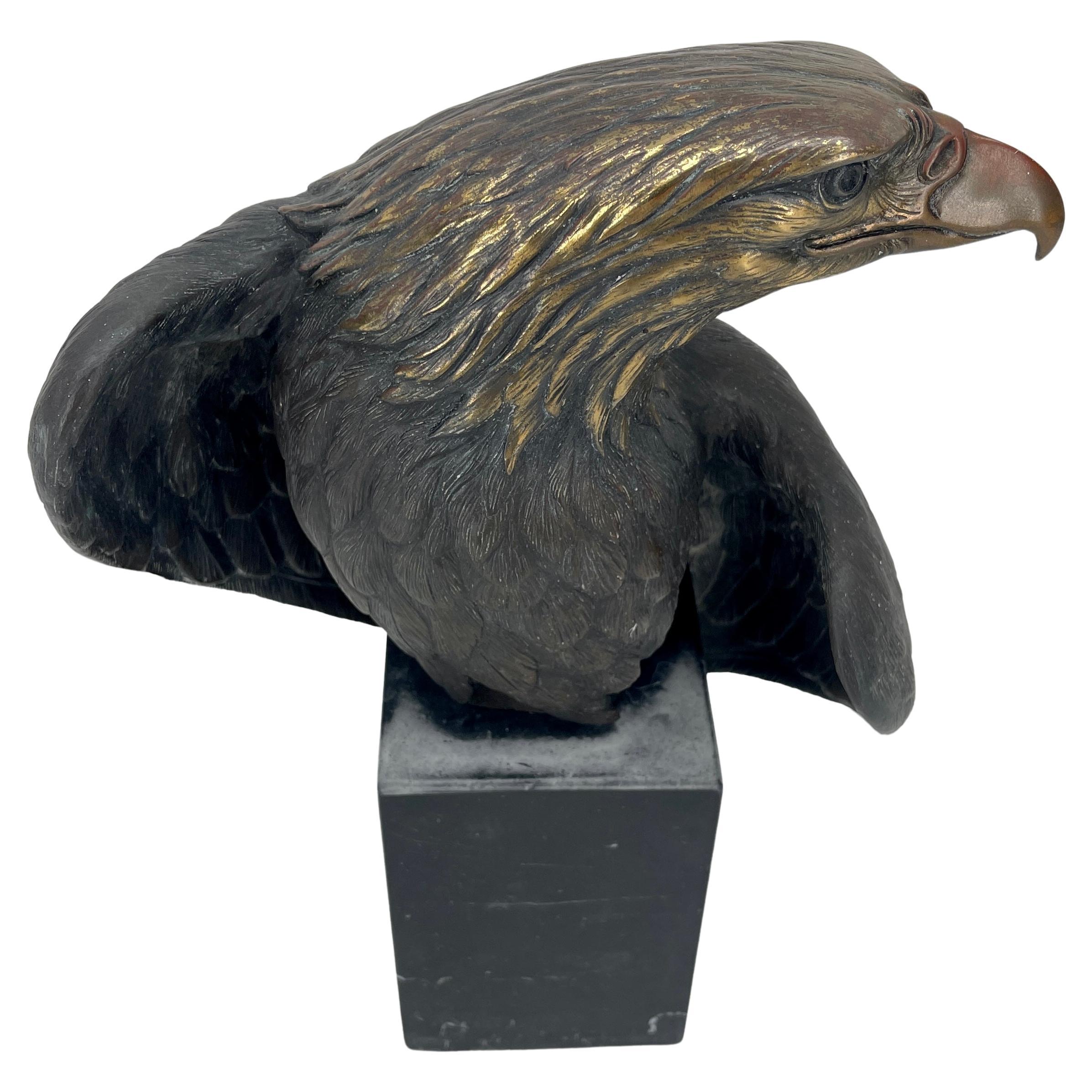 Folk Art Late 19th Century Patinated Bronze Eagle on Black Marble Stand For Sale