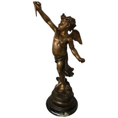 Late 19th Century Patinated Bronze Figure Winged Cherub Signed on Base