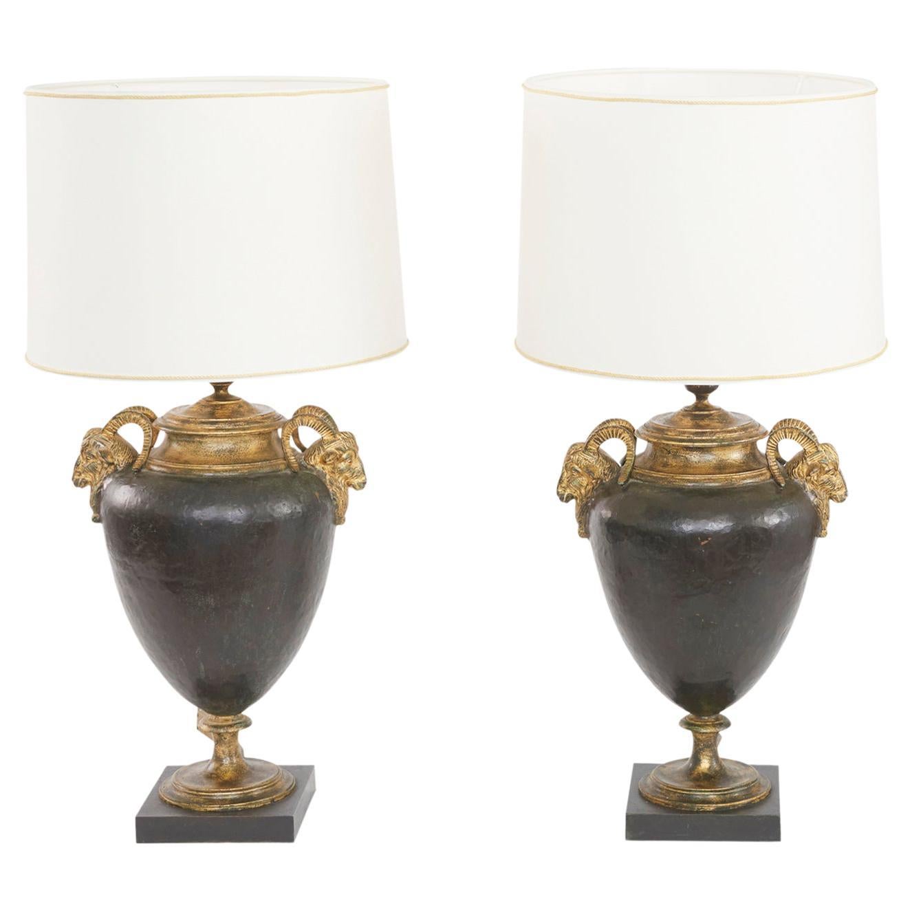 Late 19th Century Patinated / Gilt Metal Pair Lamp