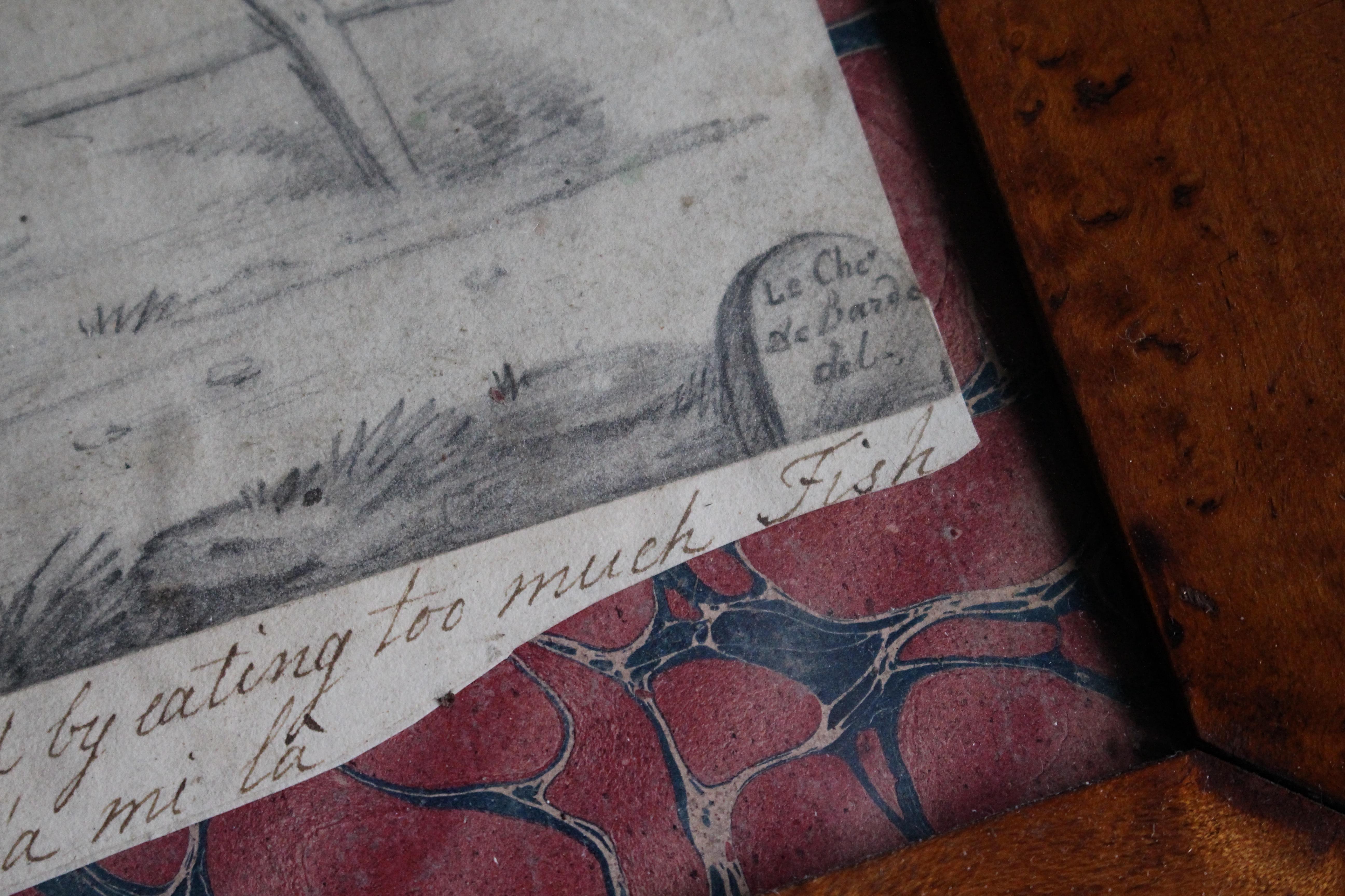 Late 19th Century Pencil Sketch Epitaph Man Who Ate Too Much Fish Curio Macabre Europeo en venta