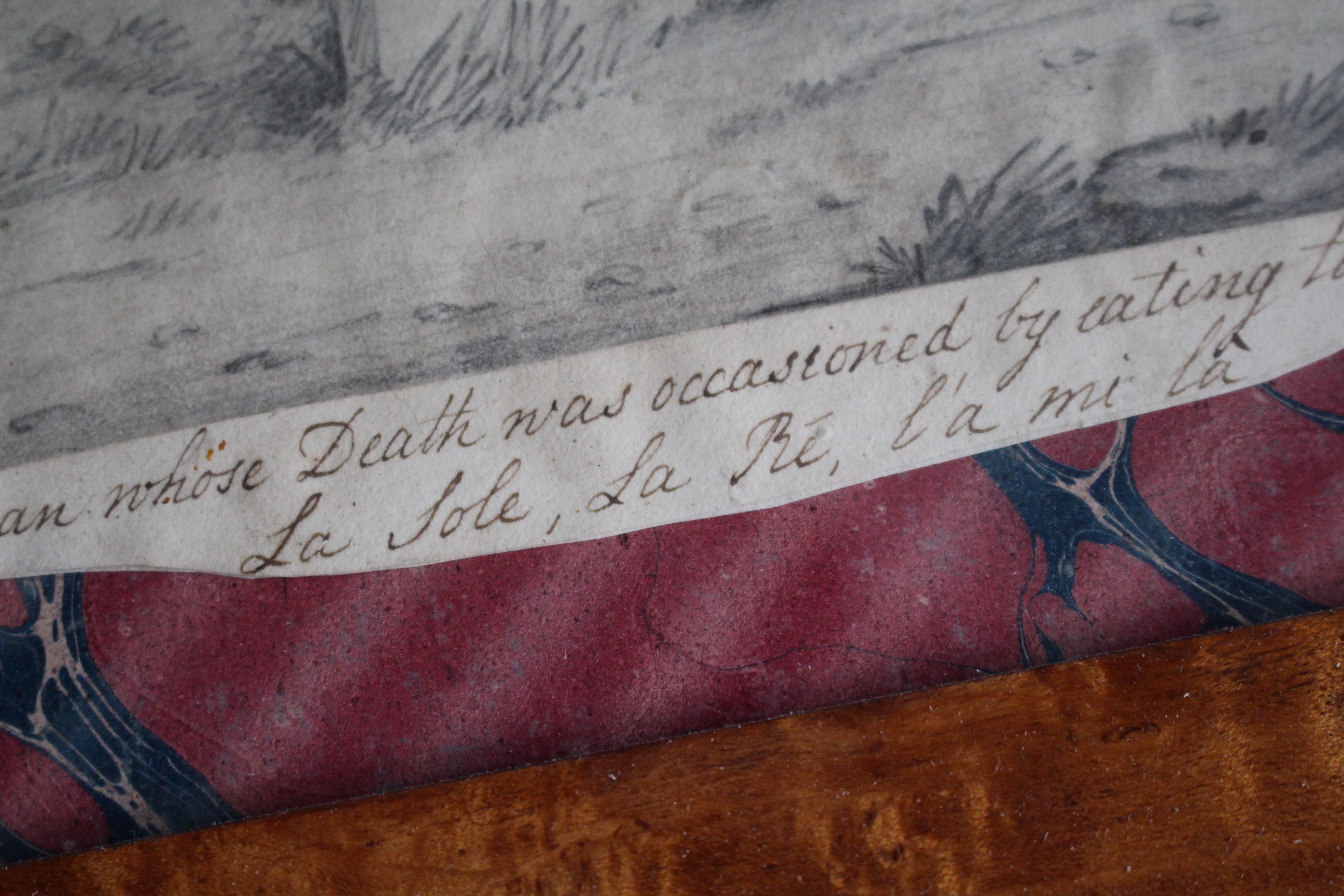 Late 19th Century Pencil Sketch Epitaph Man Who Ate Too Much Fish Curio Macabre siglo XIX en venta