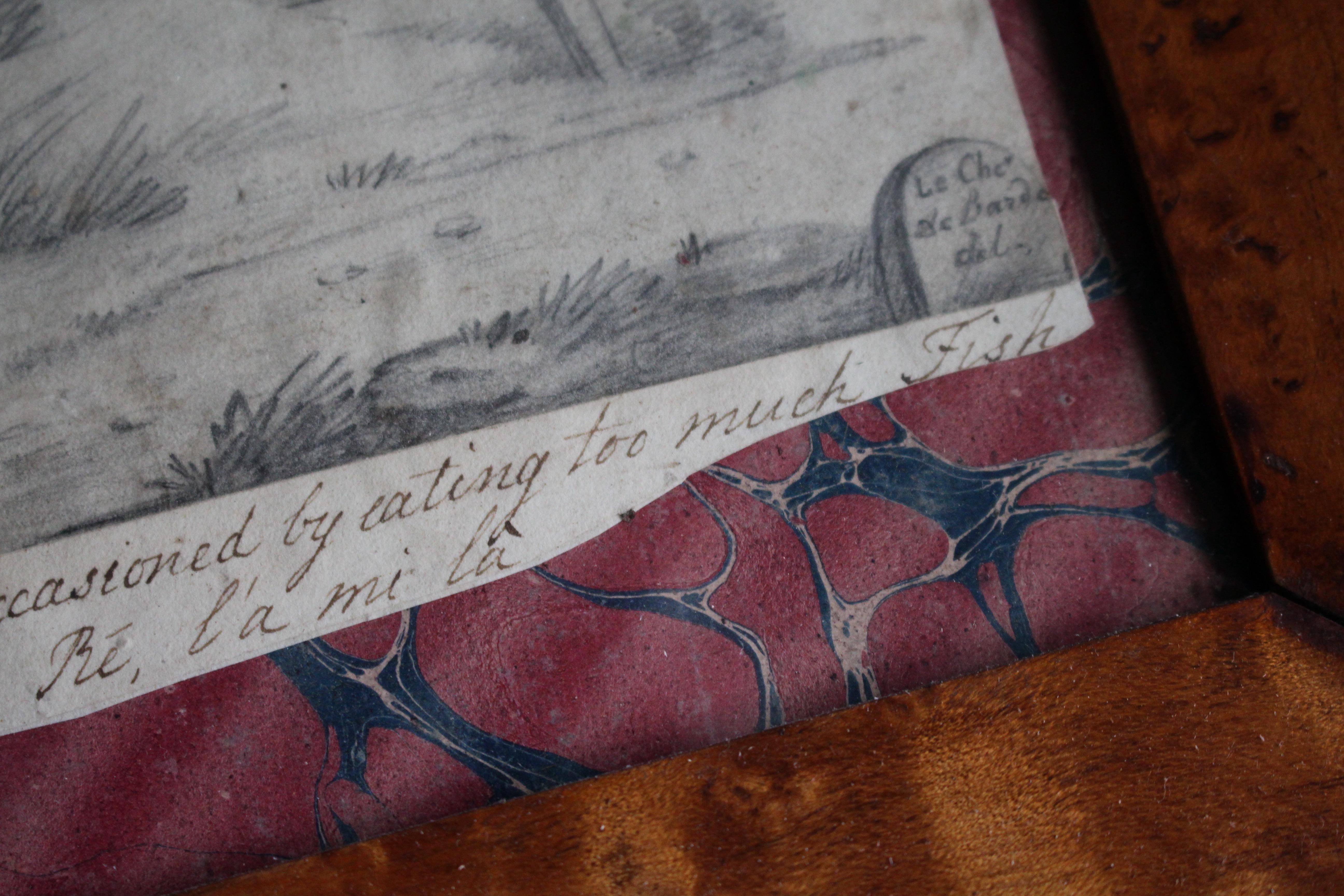 Late 19th Century Pencil Sketch Epitaph Man Who Ate Too Much Fish Curio Macabre Vidrio en venta
