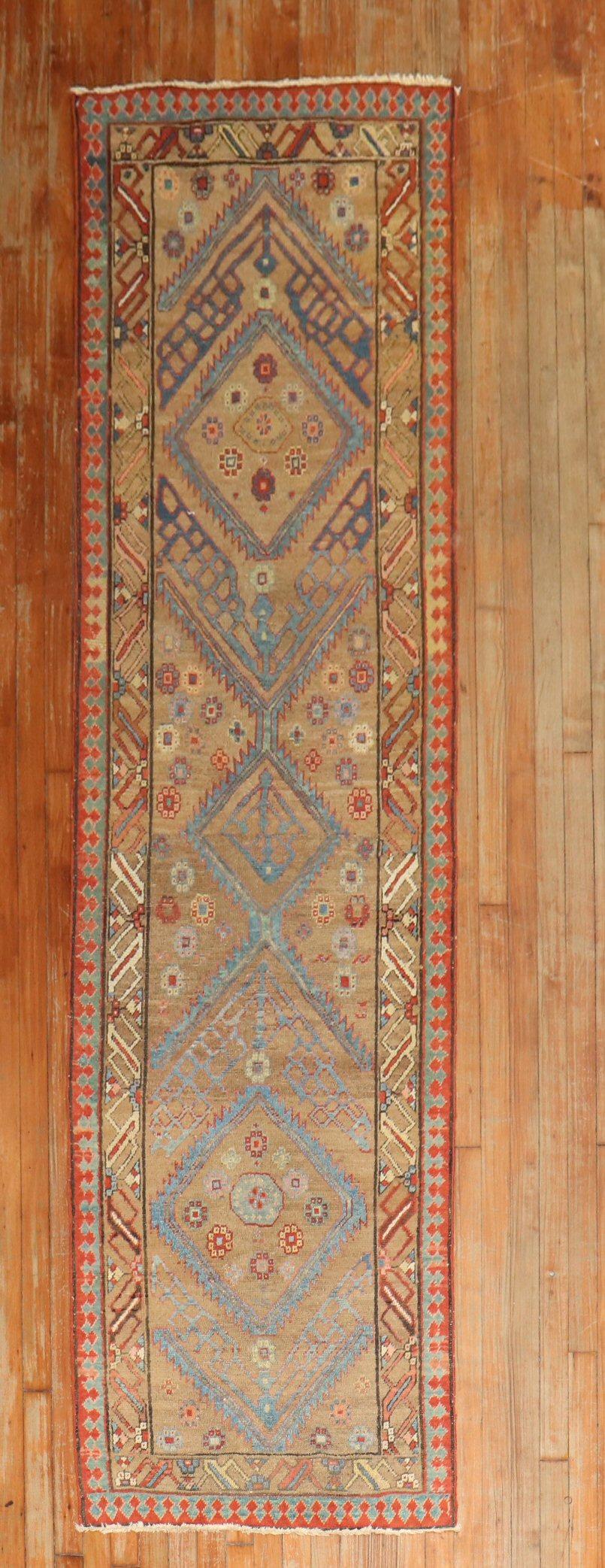 A late 19th-century Persian bakshaish camel field decorative runner. Striking sky blue outlined medallions. Old visible restorations and some low pile areas throughout.

Measures: 2'6