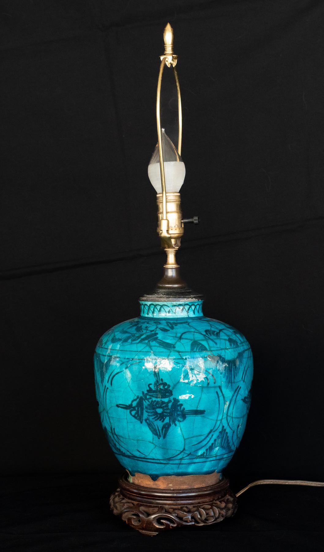 Hand-Crafted Late 19th Century Persian Ceramic Jar Made Into a Lamp For Sale