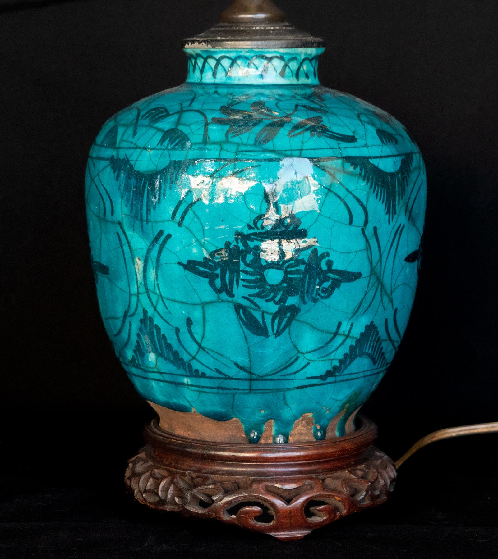 Late 19th Century Persian Ceramic Jar Made Into a Lamp In Good Condition For Sale In San Francisco, CA