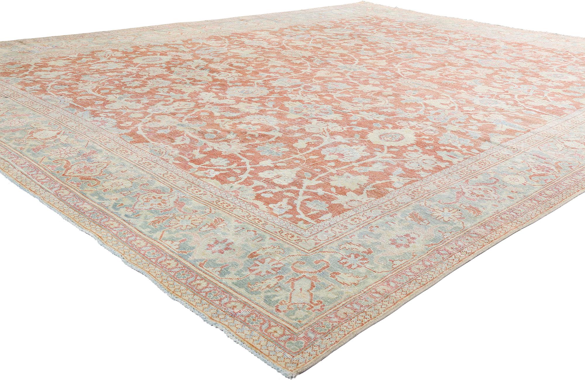 53217 Distressed Antique Persian Mahal Rug, 10'02 x 13'05. A poetic reverie in wool and dye, this hand-knotted antique Persian Mahal rug is a bespoke masterpiece that embodies both legacy and allure. Woven in the heart of Persia during the golden