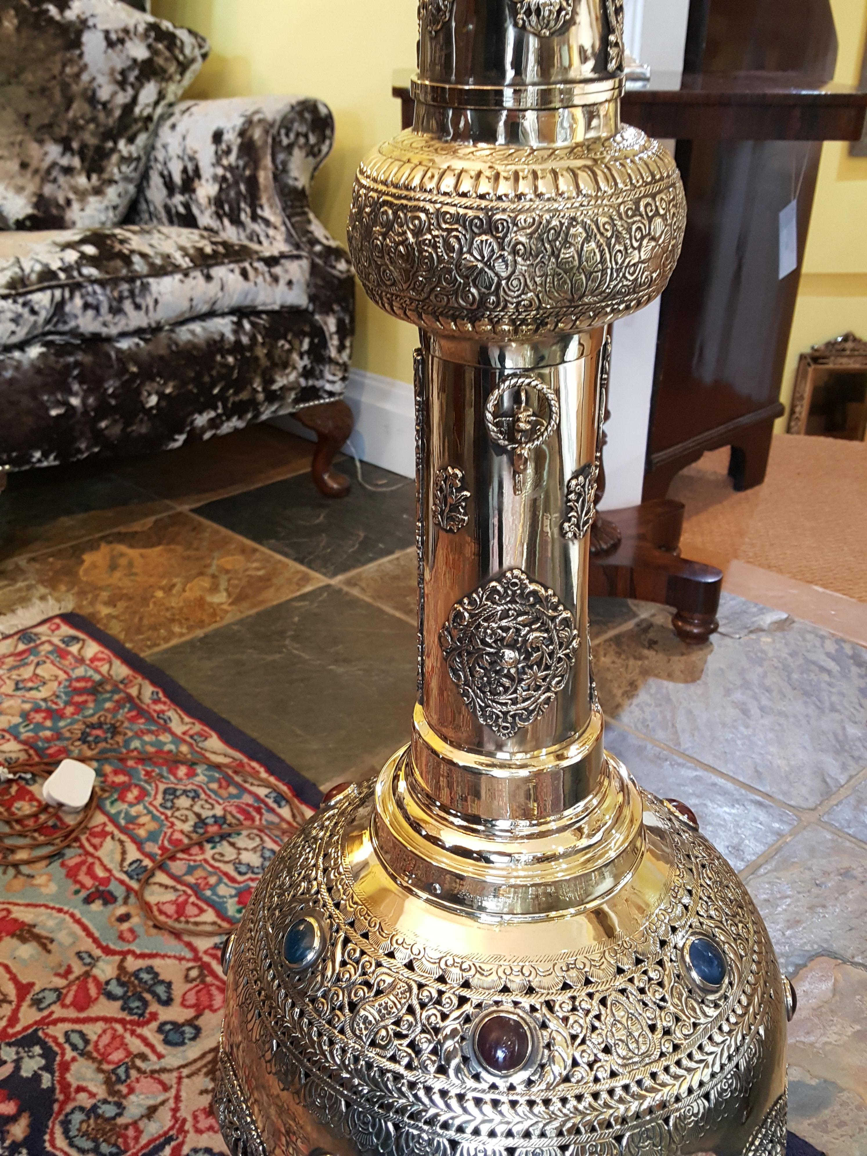 Late 19th century Persian pierced brass incense burner decorated with glass beads - converted to electric lamp - all lights and lamps have been rewired with authentic corded flex, fitted with either foot switch or finger clicker switch and are PAT