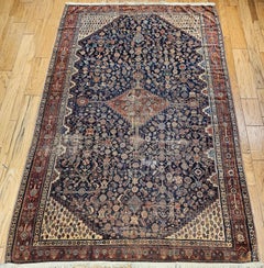 Late 19th-Century Persian Qashqai Tribal Gallery Rug in Navy, Red, Ivory