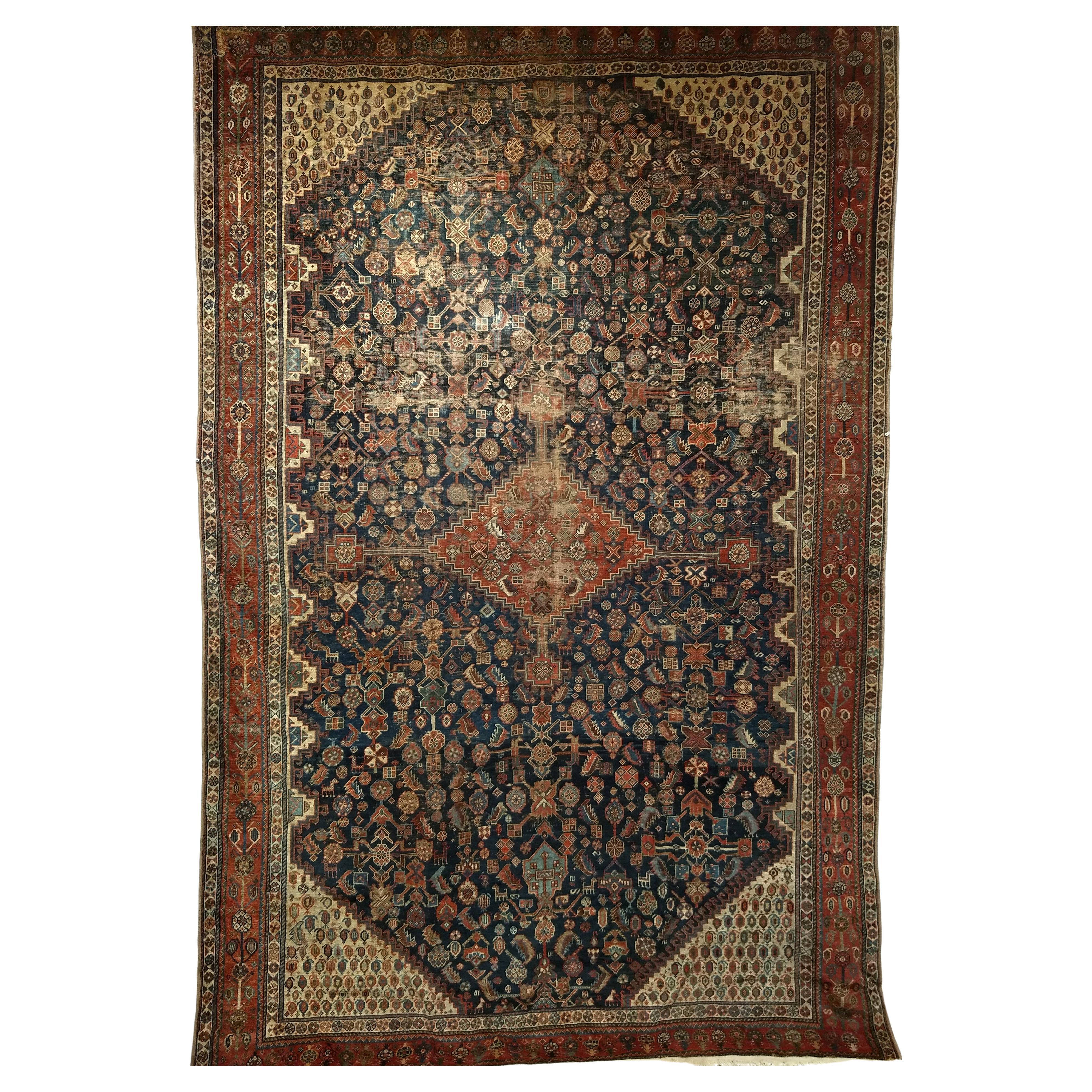 Tappeto persiano Qashqai Tribal Gallery della fine del XIX secolo in blu, rosso e avorio in vendita