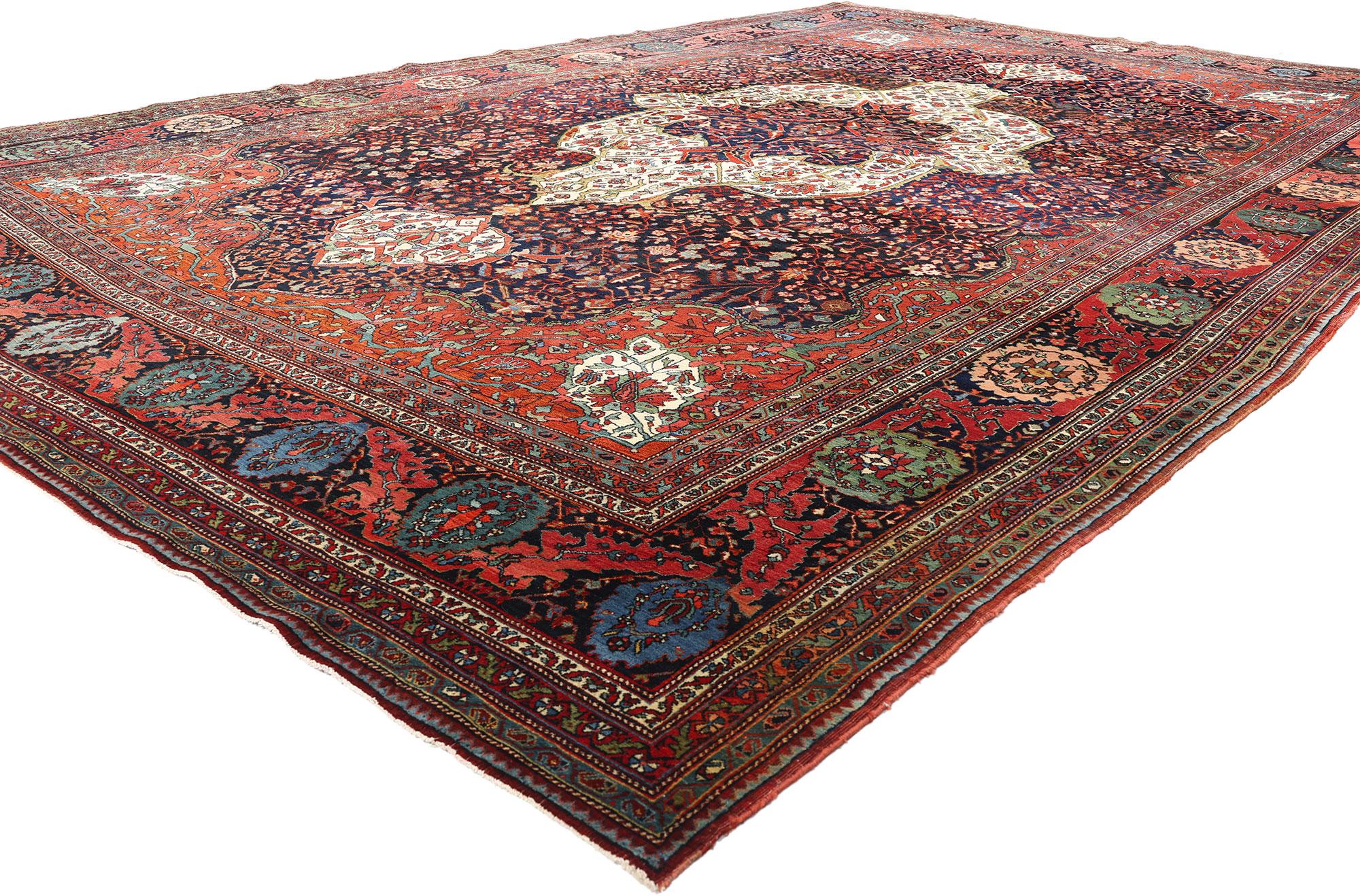 79125 Late 19th Century Antique Persian Sarouk Farahan Rug, 10'09 x 16'00. Woven in the twilight of the 19th century, this majestic hand knotted wool antique Persian Sarouk Farahan rug is a poetic relic of a bygone era—an era when each knot was a