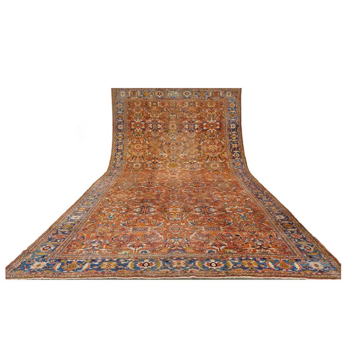 We present a beautiful Antique Persian  Sultanabad Handmade Palace Rug #1140200 Rust colored field with accents of Blue, & Olive Green lined with a light blue border.   This Sultanabad is in excellent condition and has a dedication plaque woven into