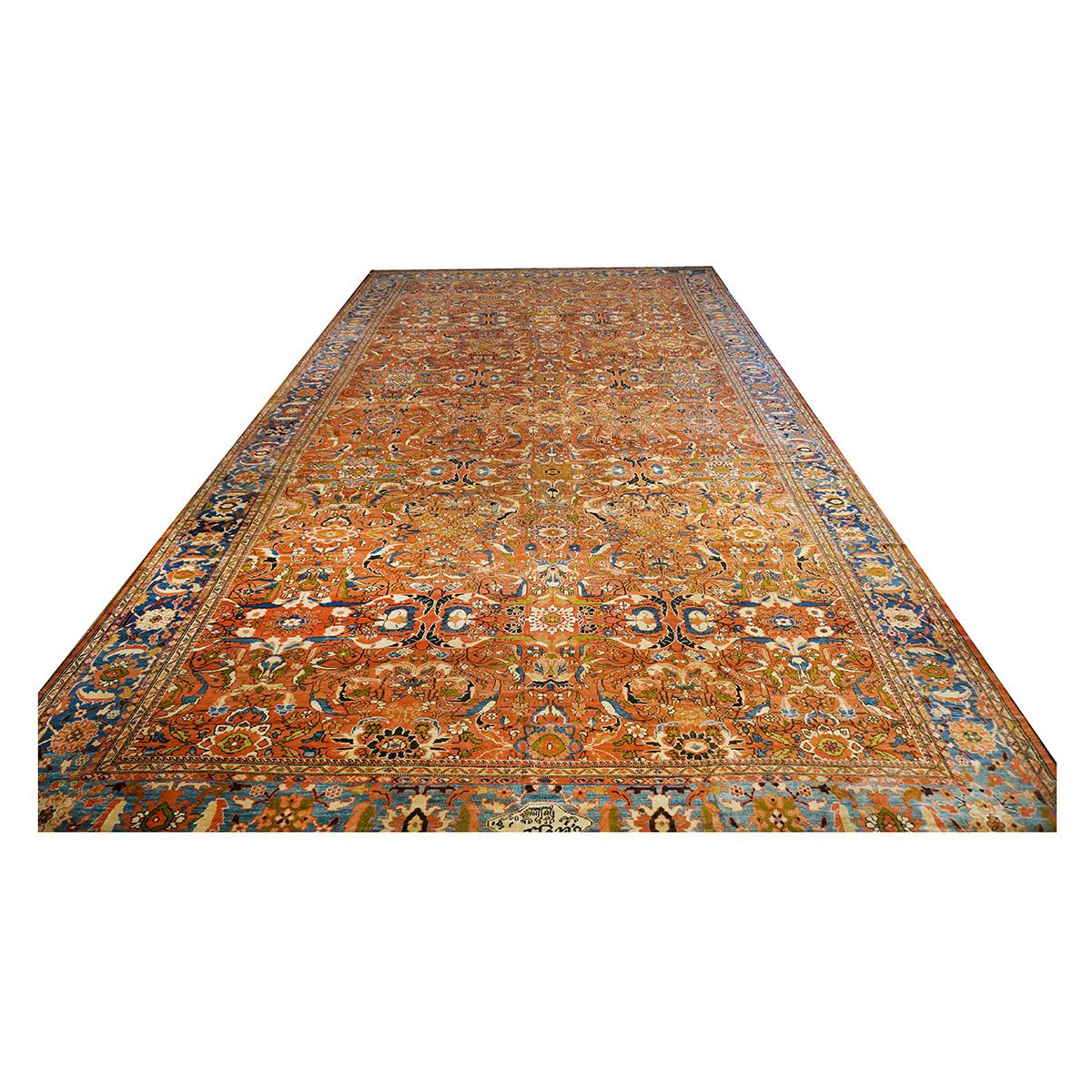 Late 19th Century Persian Sultanabad 13X24 Palace Sized Rust Rug In Fair Condition For Sale In Houston, TX