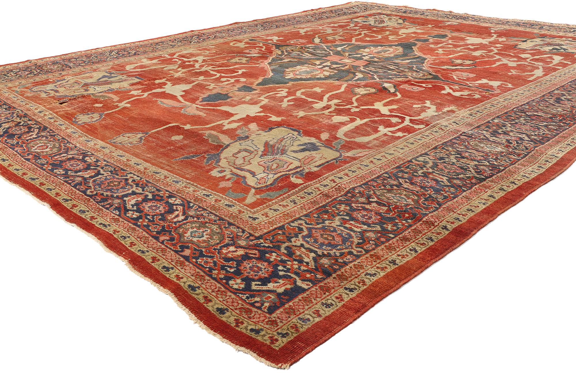 74681 Tappeto antico persiano Sultanabad Rugs della fine del XIX secolo, 10'03 x 13'04. Un'esibizione grandiosa dell'arte persiana, questo tappeto Sultanabad Rugs del tardo XIX secolo in lana annodata a mano irradia un'eleganza regale, con una