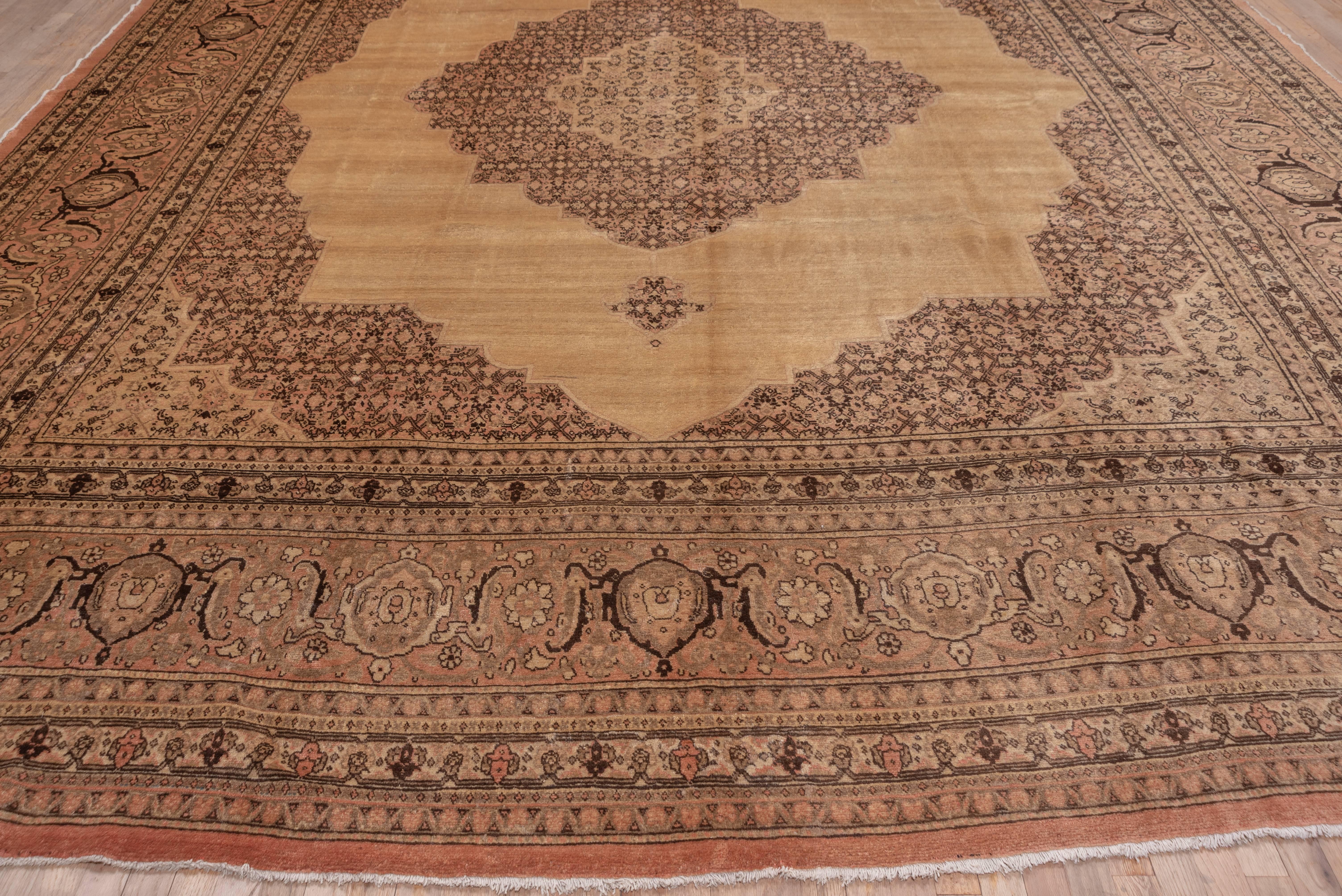 This good condition NW Persian urban carpet shows a classic bookcover pattern of an open straw-ivory field with a large pendanted medallion and developed en suite corners detailed in dark brown. Bold turtle palmettes with umber accents dominate the
