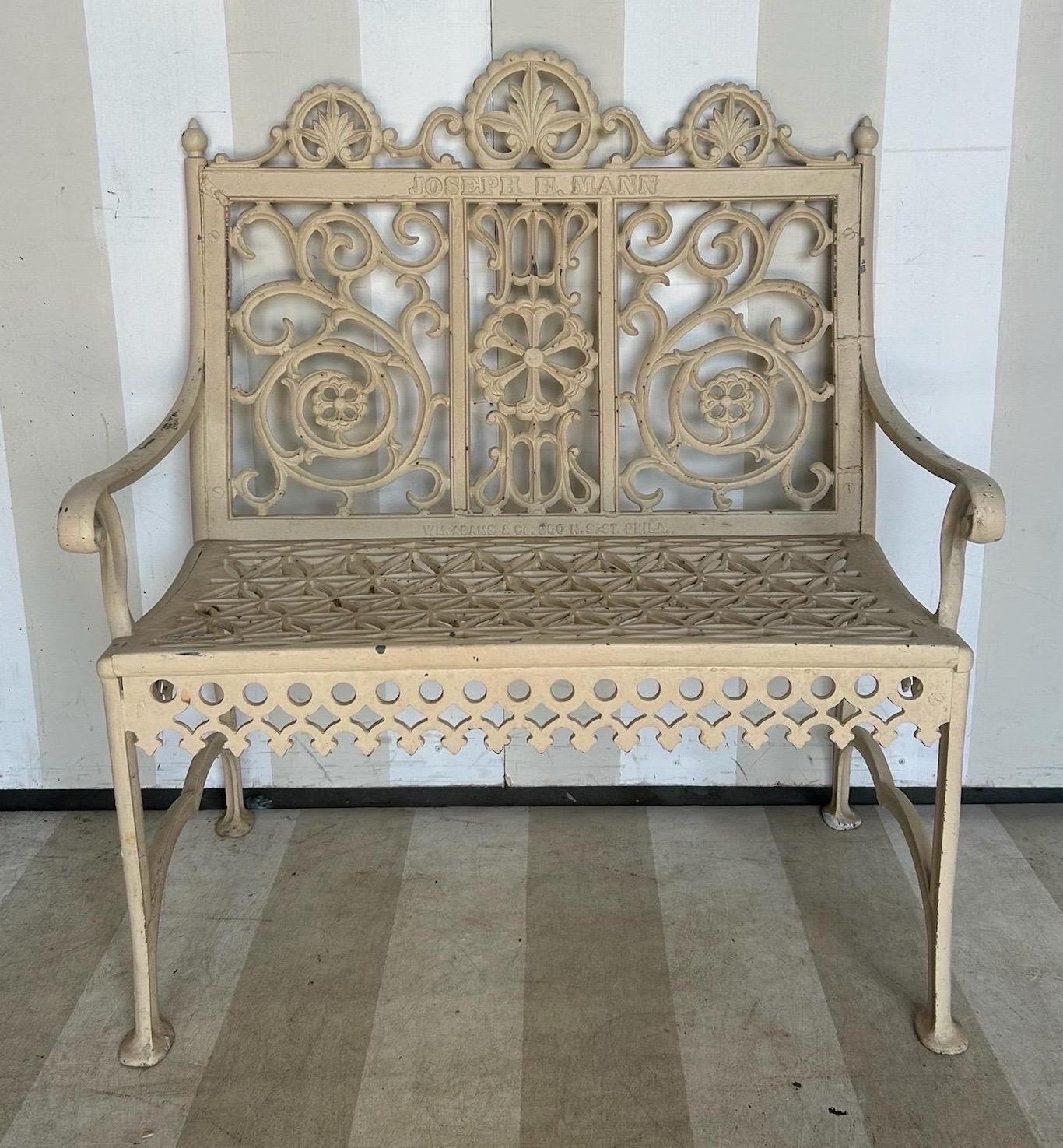 American Late 19th Century Philadelphia Cast Iron Bench signed William Adams For Sale