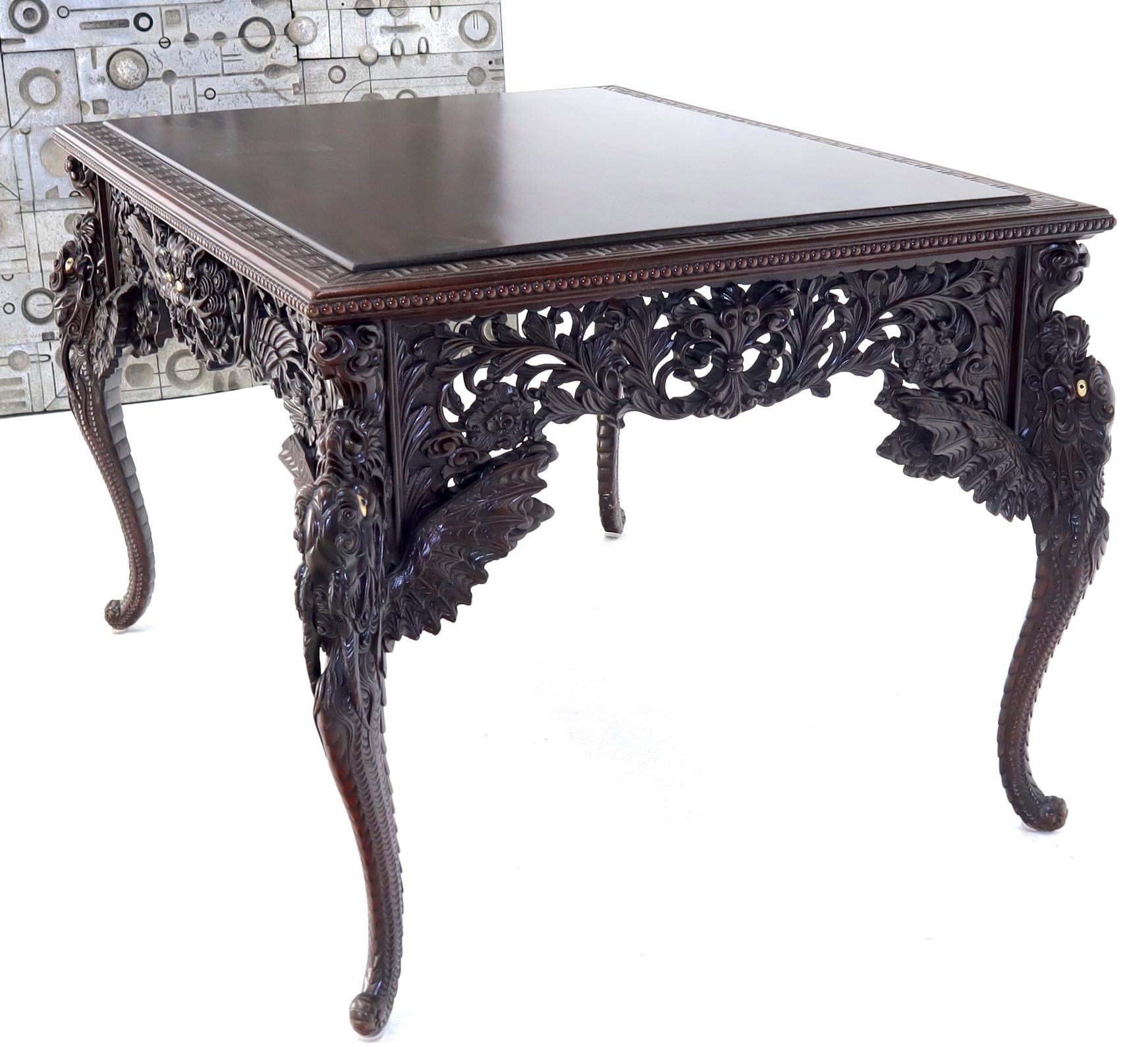 Hand-Carved Late 19th Century Pierce Carved Solid Mahogany Desk or Writing Table