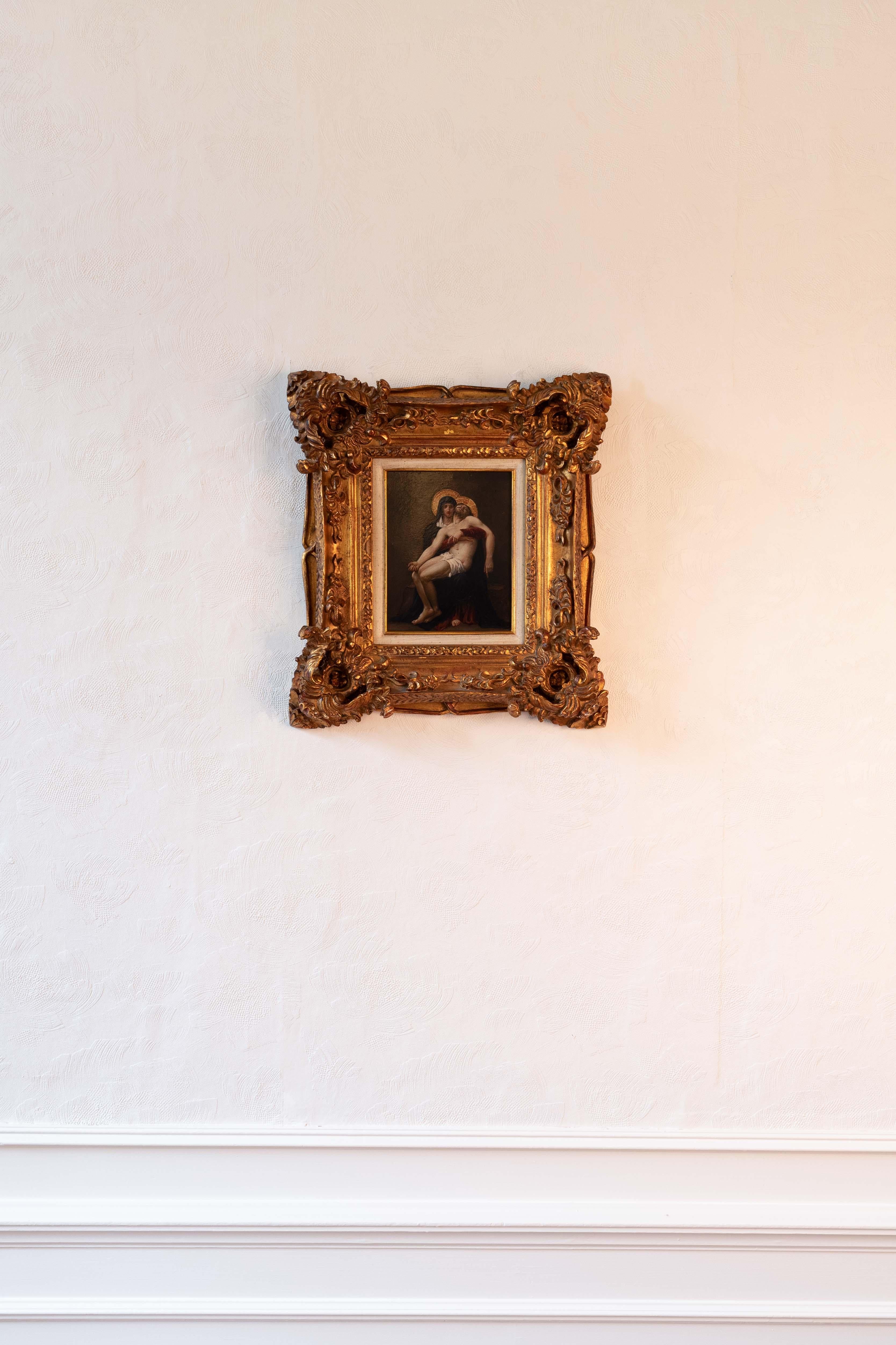 This late 19th-century Pieta, form the entourage of William-Adolphe Bouguereau (France), is an oil painting on copper rather than canvas. 
Despite its small size, the painting exhibits extraordinary levels of detail.