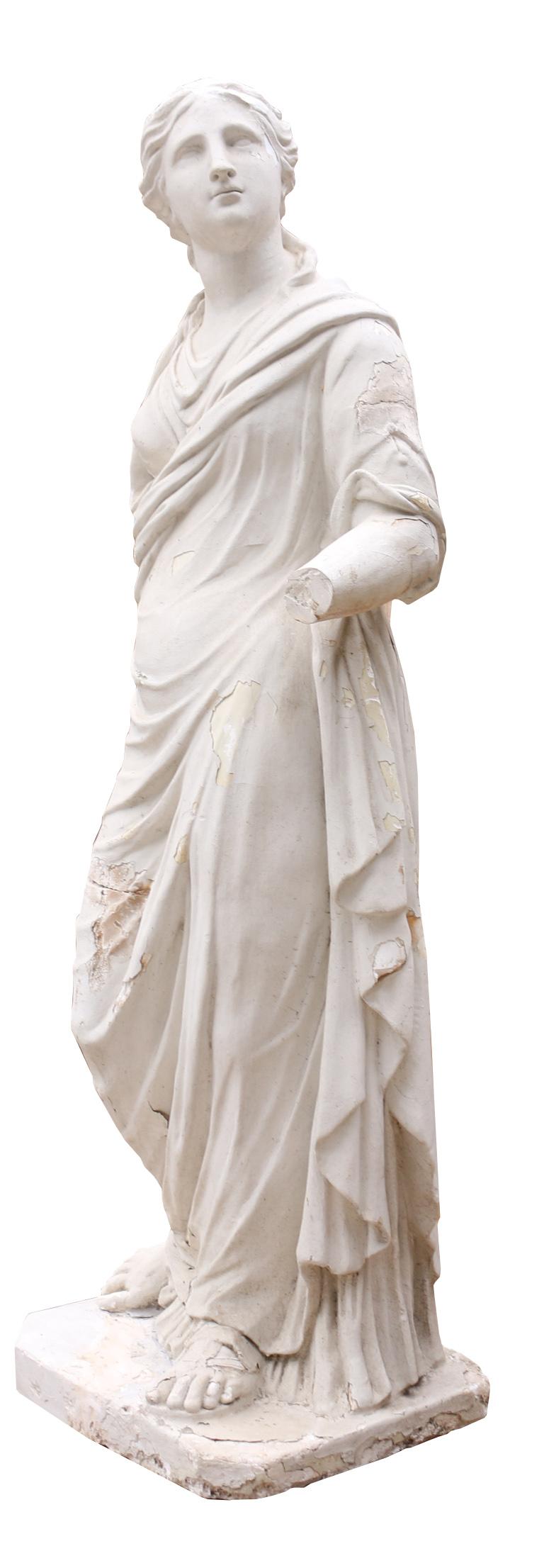 This life size statue dates to the late 19th century and is made from plaster.

This statue is weathered and has various losses and repairs that are shown in the images.

Measures: Height 167 cm
Width 65 cm
Depth 50 cm

Weight 74 kg.