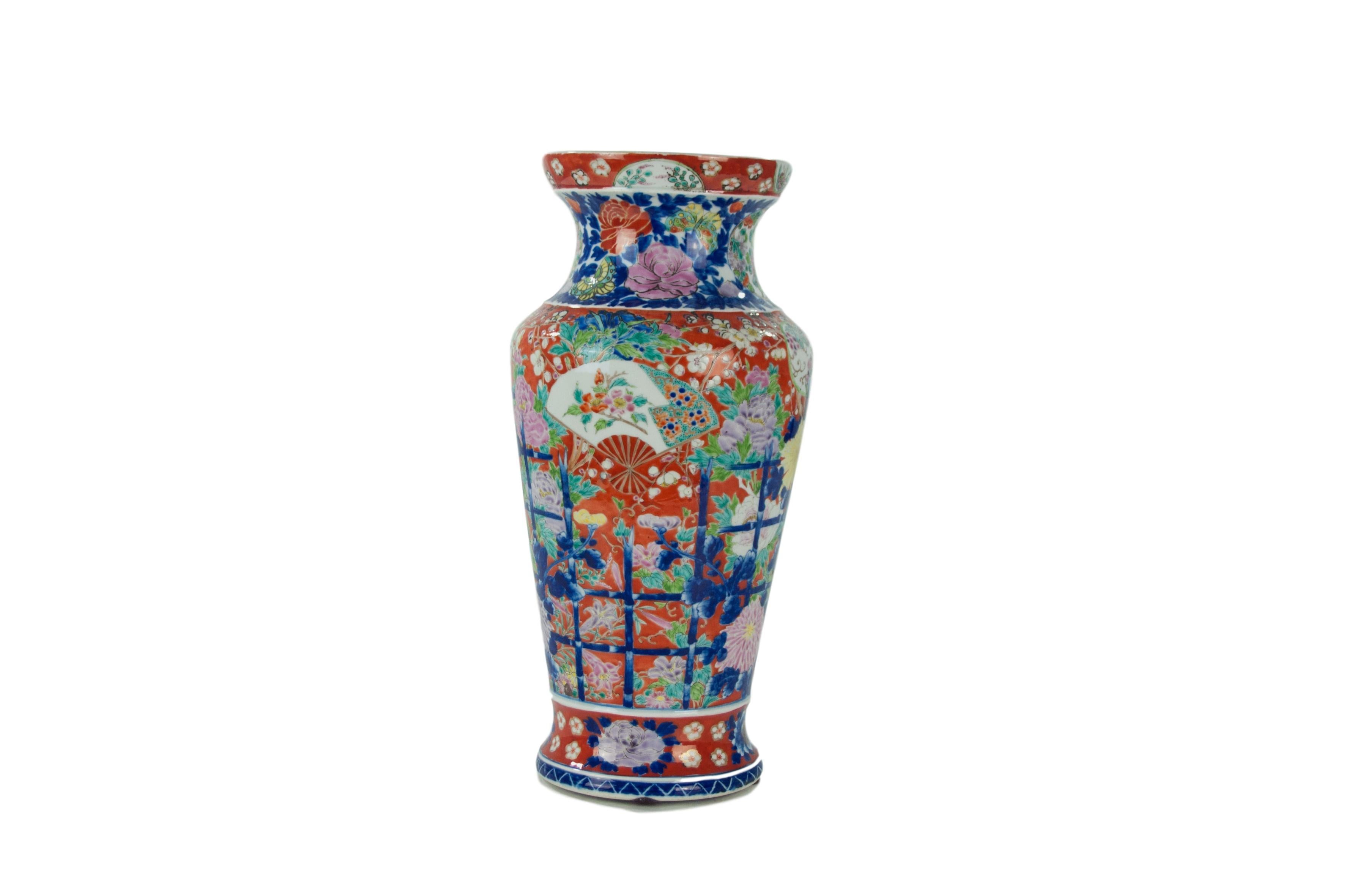 Large late 19th century Chinese Export Porcelain Imari and Famille Rose hand painted vase.  Extremely rare coloration.  