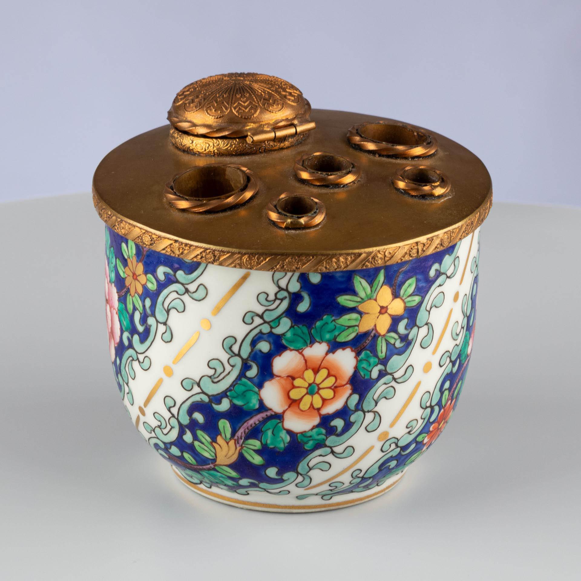 Chinese Late 19th Century Porcelain Inkwell With Gilt Bronze Mount For Sale
