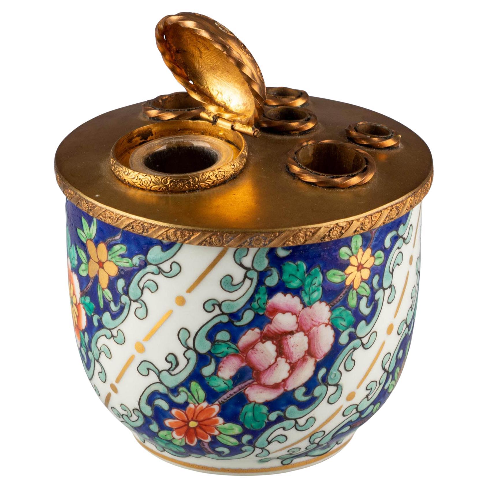 Late 19th Century Porcelain Inkwell With Gilt Bronze Mount For Sale