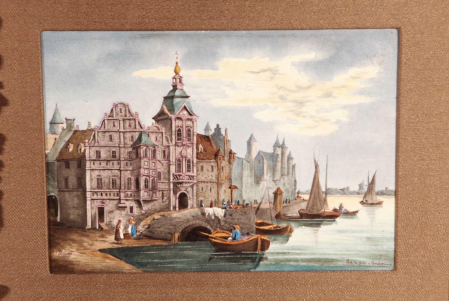 A late 19th century porcelain plaque of Port de Piche in Amsterdam. It is signed J Schuler. Made by H&B at the Choisy-le-Roi factory. Original elaborately hand-carved wood and gesso frame. Newly regilded. Image size is 11.25 long x 8 deep.