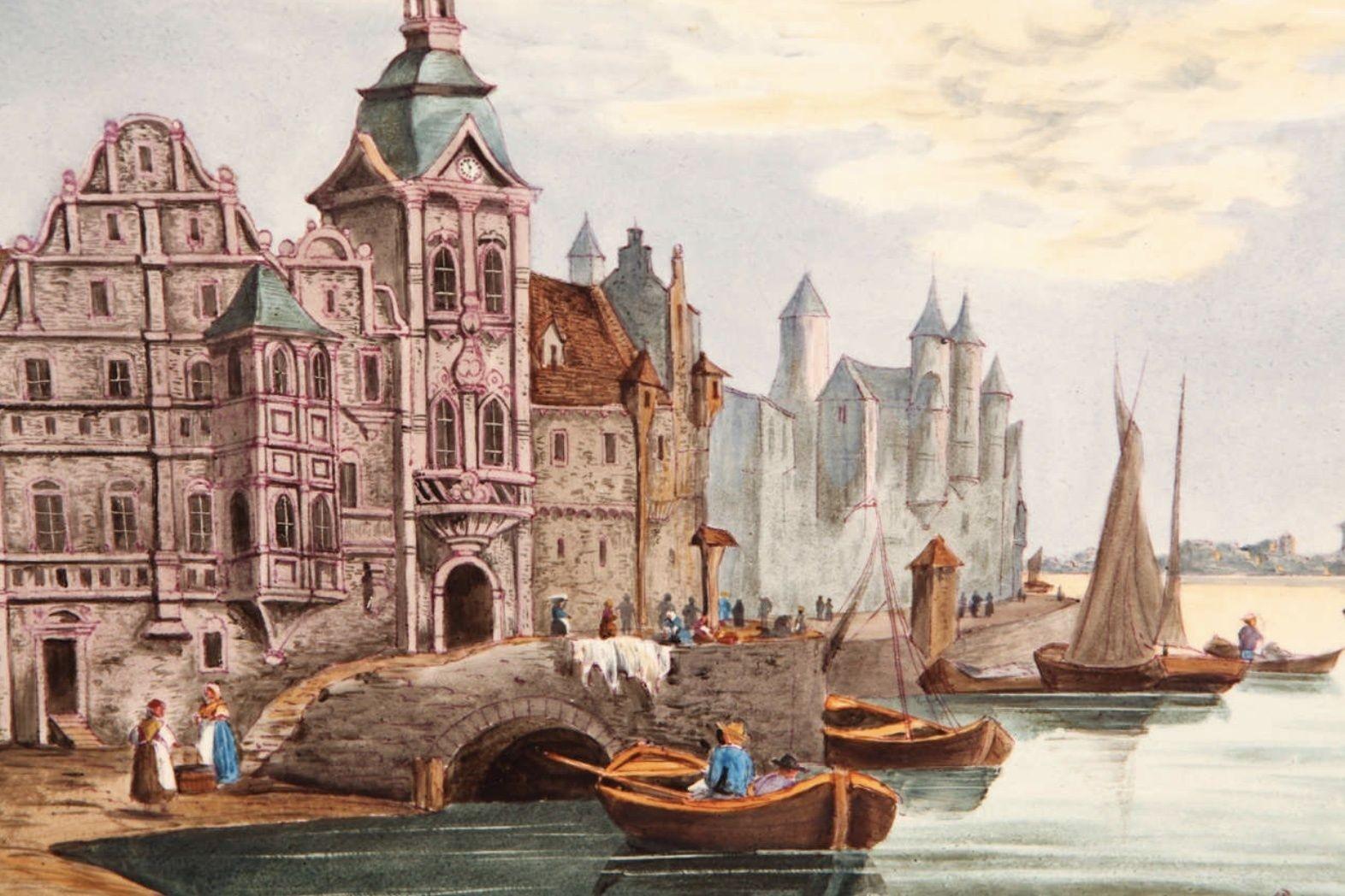 French Late 19th Century Porcelain Plaque of Port in Amsterdam For Sale