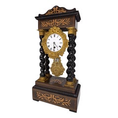Late 19th Century Portico Barley-Twist Marquetry Mantel Clock, French 1880.