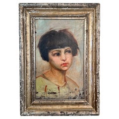 Antique Late 19th Century Portrait of a young Girl, Oil on Wood in a Silvered Frame