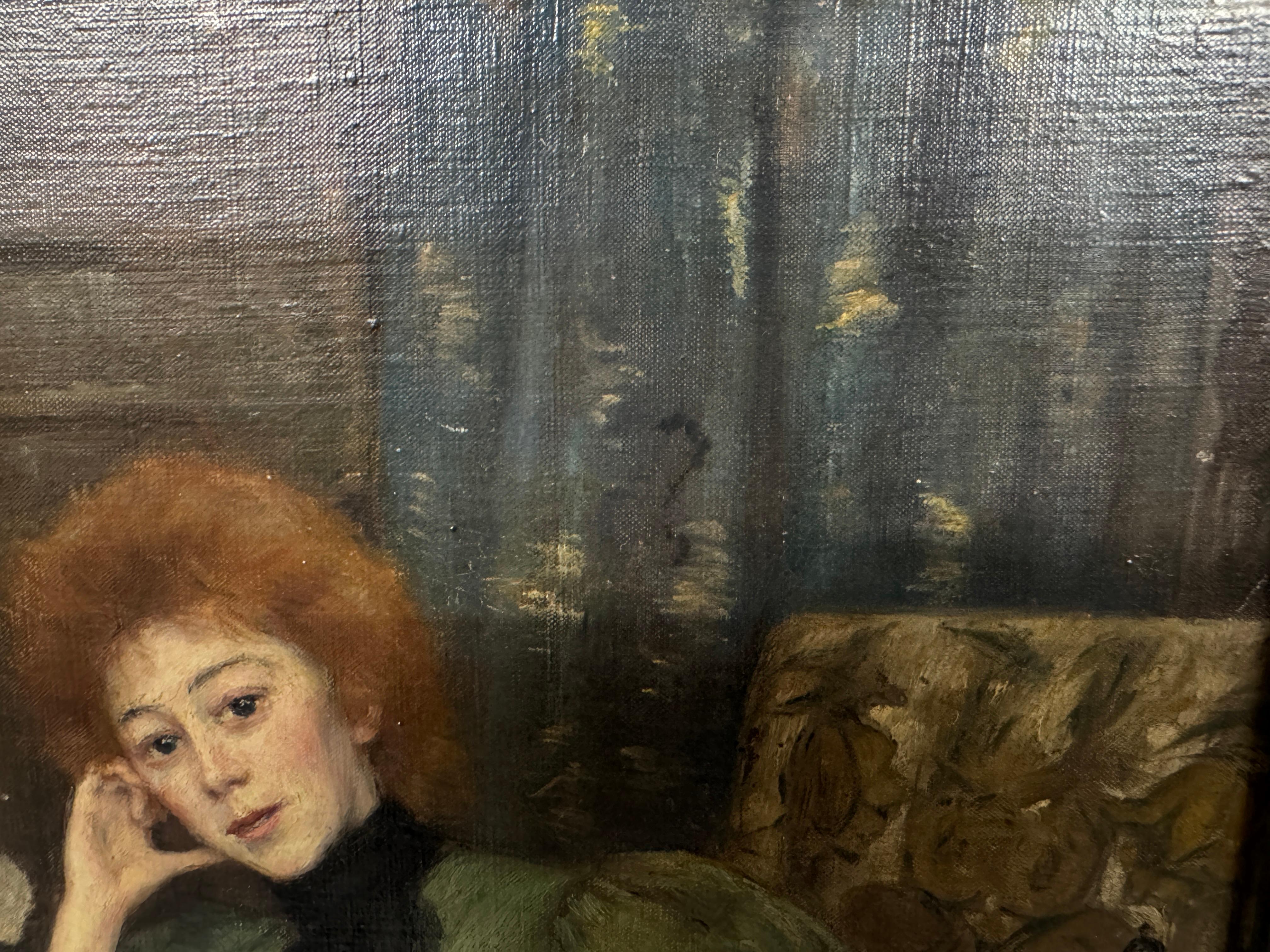 Hand-Painted Late 19th Century Portrait of Girl in Green Dress , by Charles Henry Jeidels