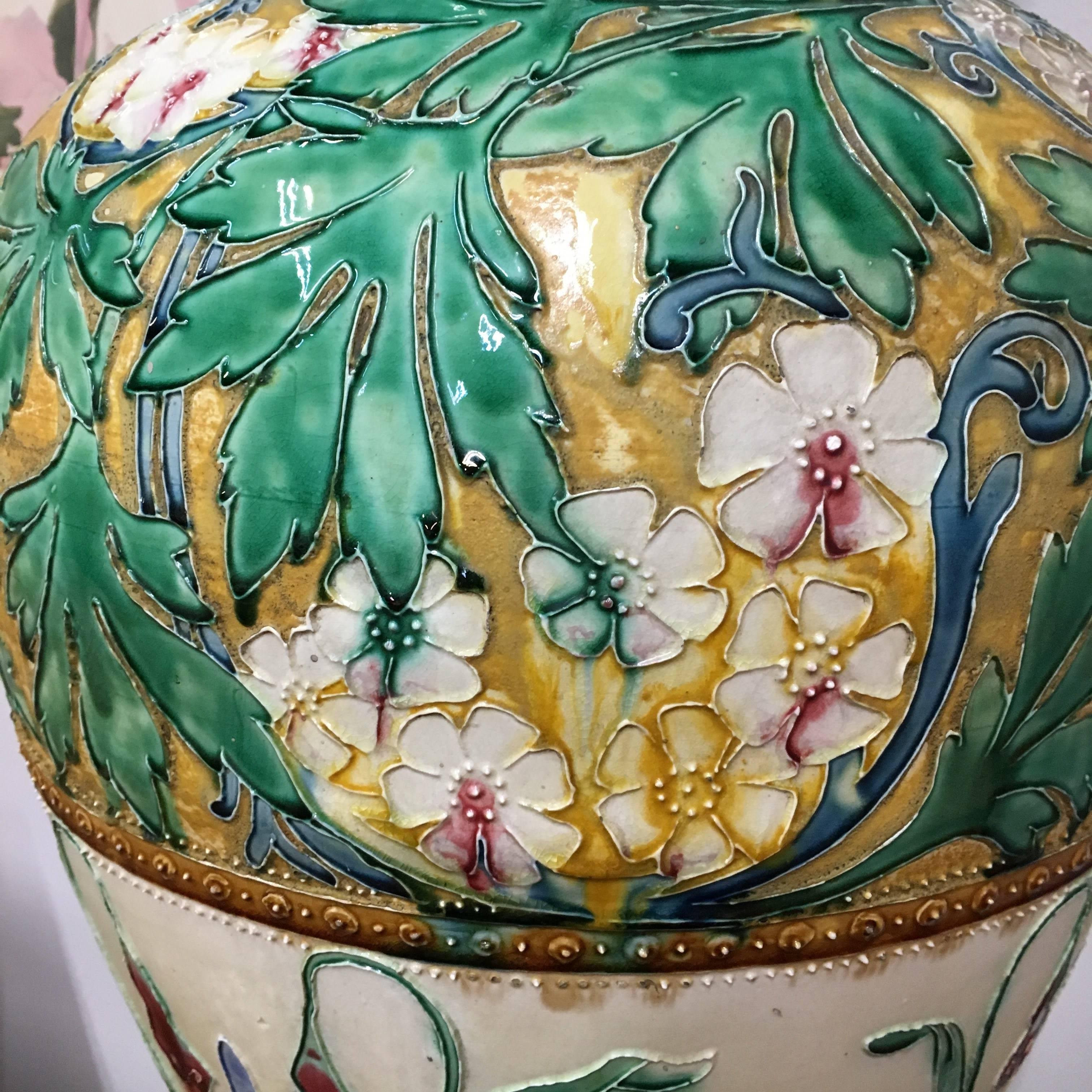 Enameled Late 19th Century Portuguese Palissy Ware Covered Vase in the Art Nouveau Style For Sale