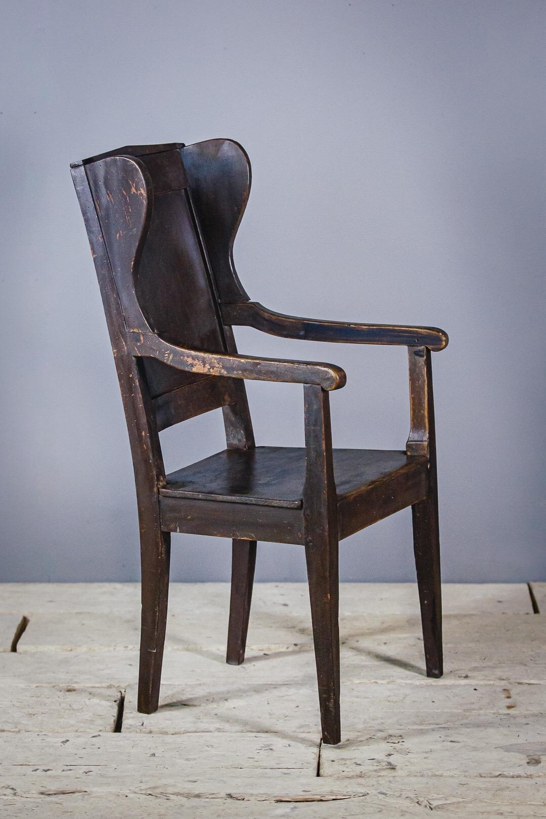 Charming primitive country wingback chair, timber construction, original painted finish. Minor Evidence of historical worm, France, circa 1880.
48cm seat height
Dimensions: 57cm x 113cm x 49cm.